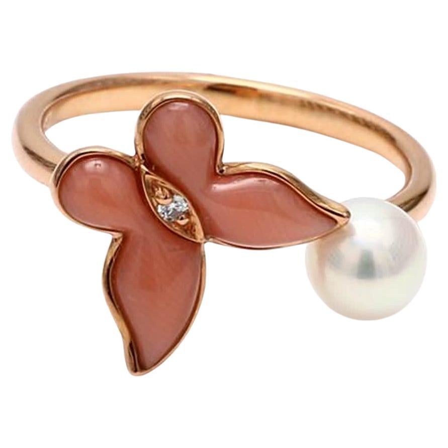 55 Karat TW Roségold Mode-Ring mit natürlicher weißer Perle und rosa Koralle
