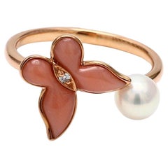 Bague de mode en or rose avec perle blanche naturelle et corail rose de 0,55 carat TW