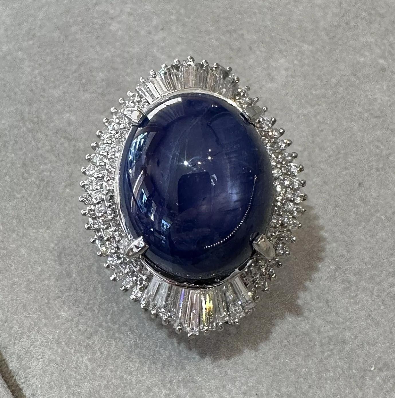 Cabochon Natural 54 carat Star Sapphire and Diamond Ballerina Ring in Platinum
