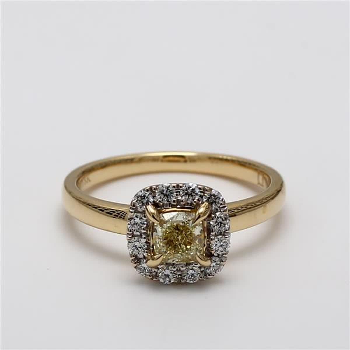 Contemporary Natural Yellow Cushion and White Diamond .76 Carat TW Yellow Gold Cocktail Ring For Sale