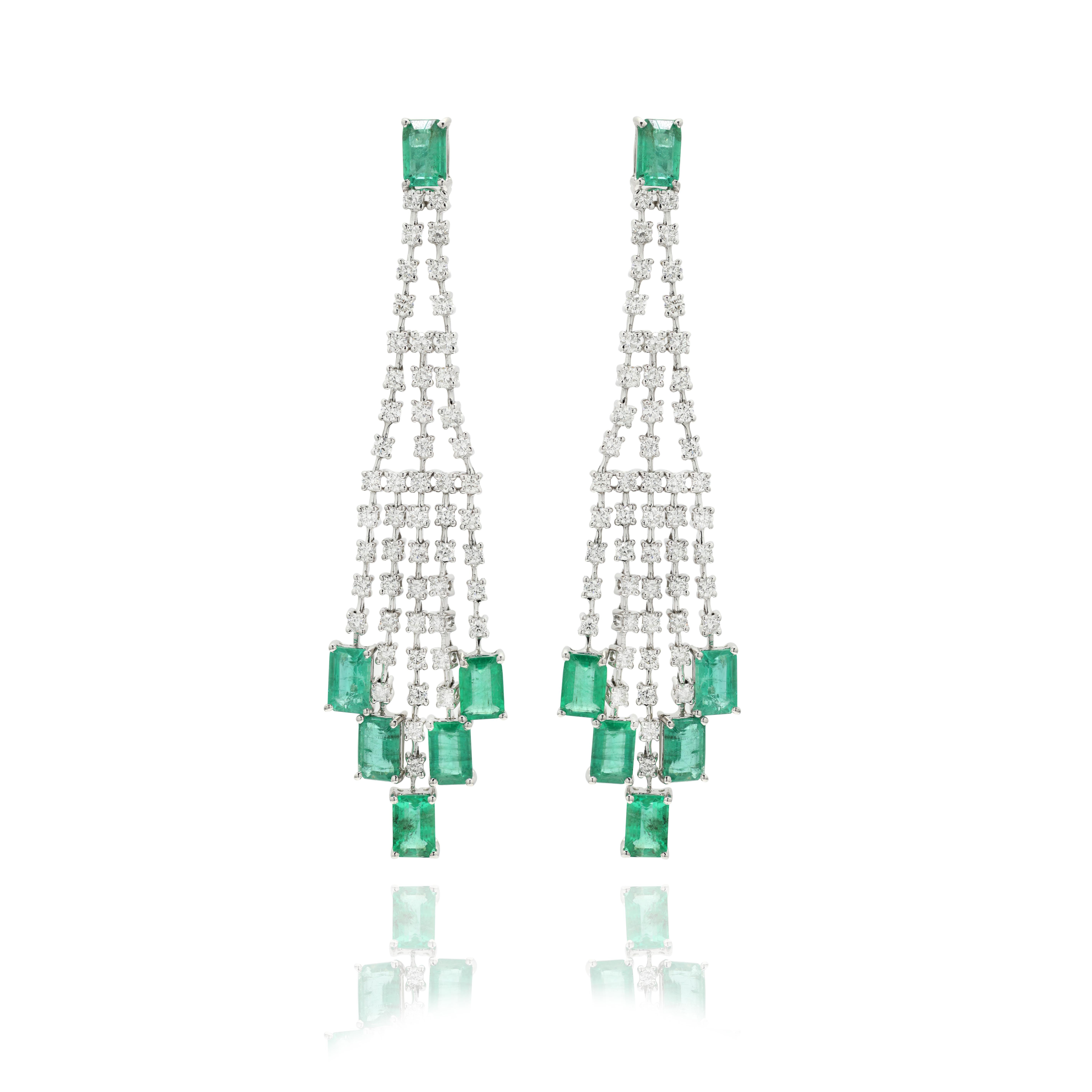Emerald and Diamond Dangle earrings to make a statement with your look. These earrings create a sparkling, luxurious look featuring octagon cut gemstone.
If you love to gravitate towards unique styles, this piece of jewelry is perfect for