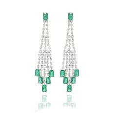 Natural 5.43 Ct Emerald Dazzling Long Earrings in 14K White Gold with Diamonds