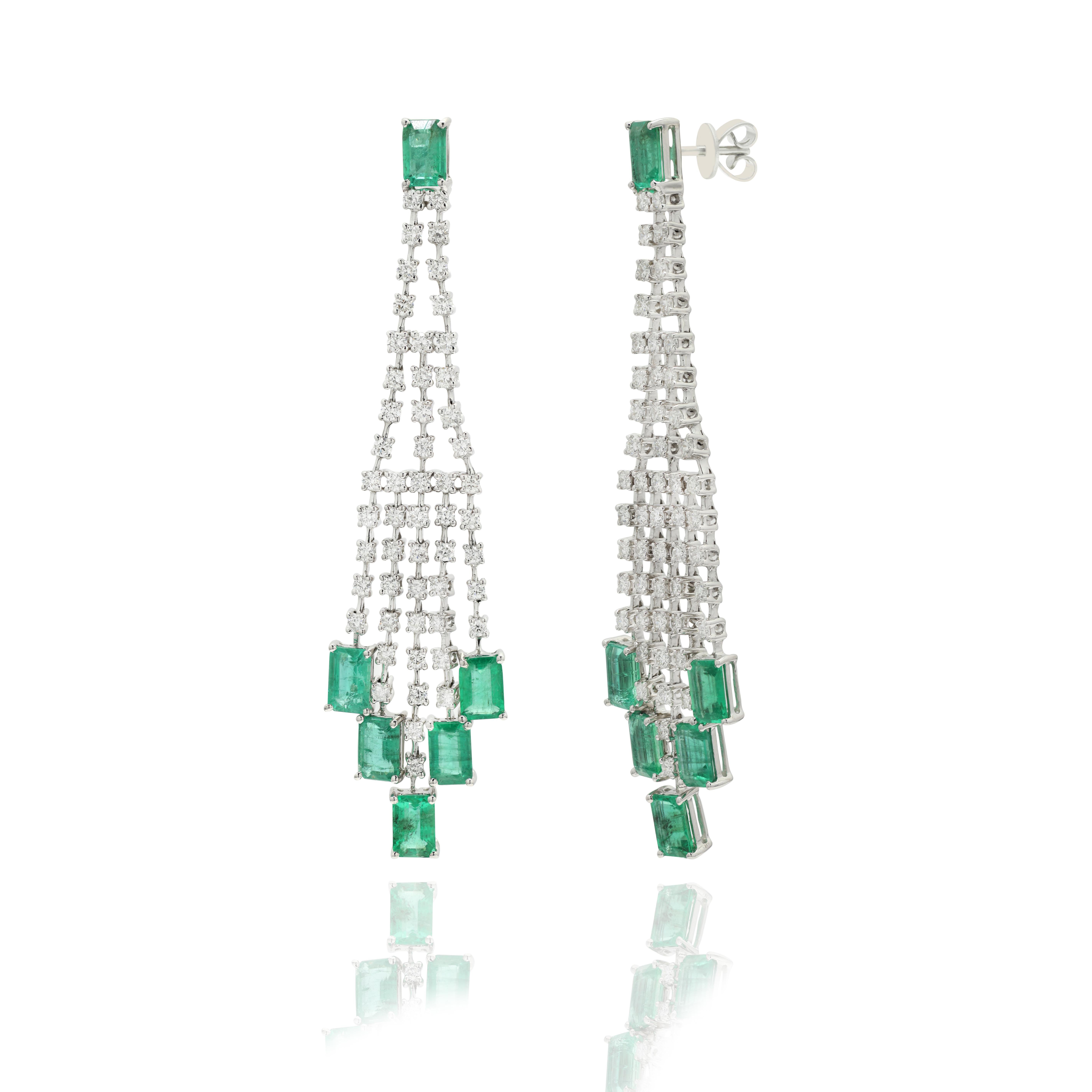 Artist Natural 5.43 Ct Emerald Dazzling Long Earrings in 14K White Gold with Diamonds For Sale