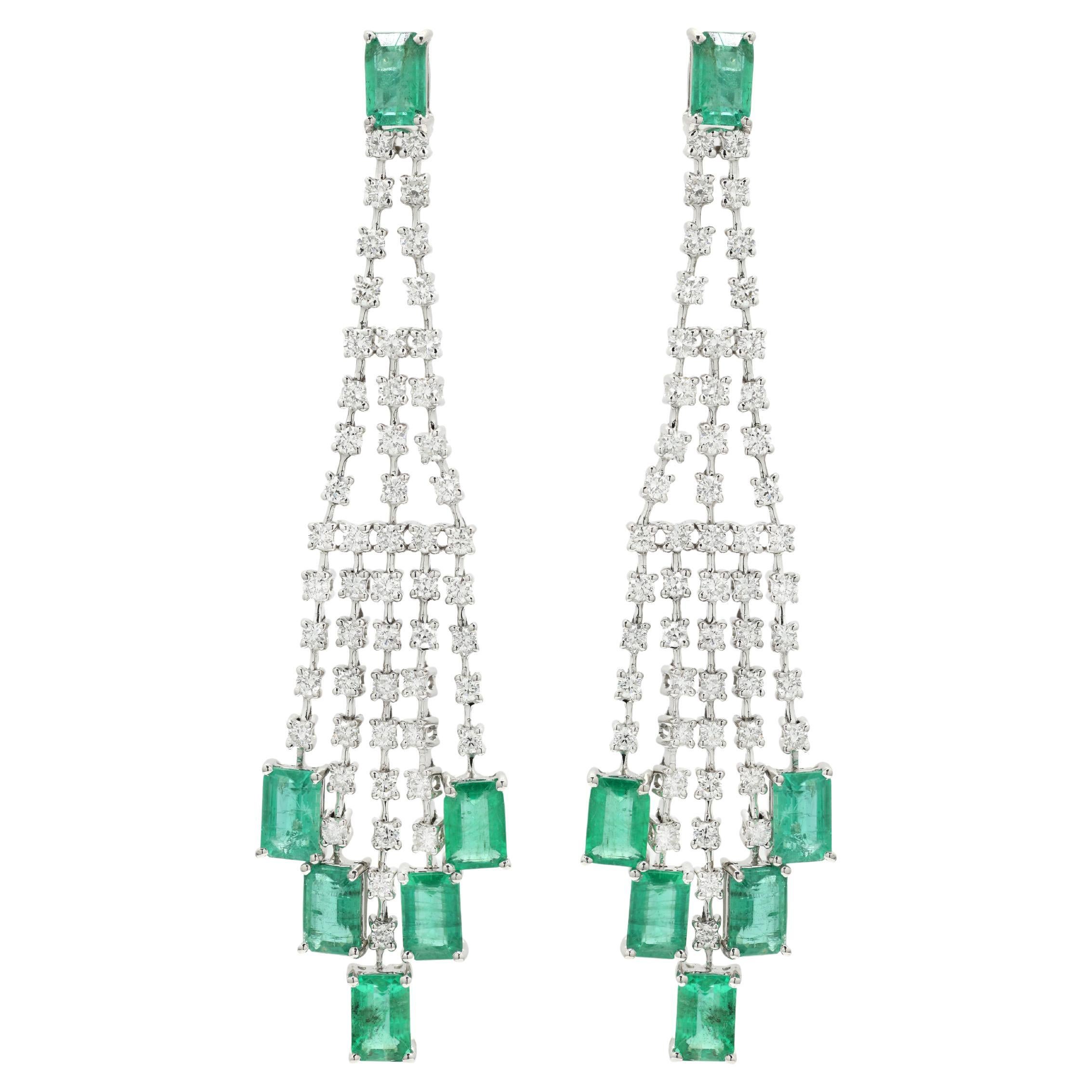 Natural 5.43 Ct Emerald Dazzling Long Earrings in 14K White Gold with Diamonds For Sale