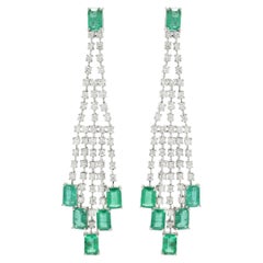 Natural 5.43 Ct Emerald Dazzling Long Earrings in 14K White Gold with Diamonds