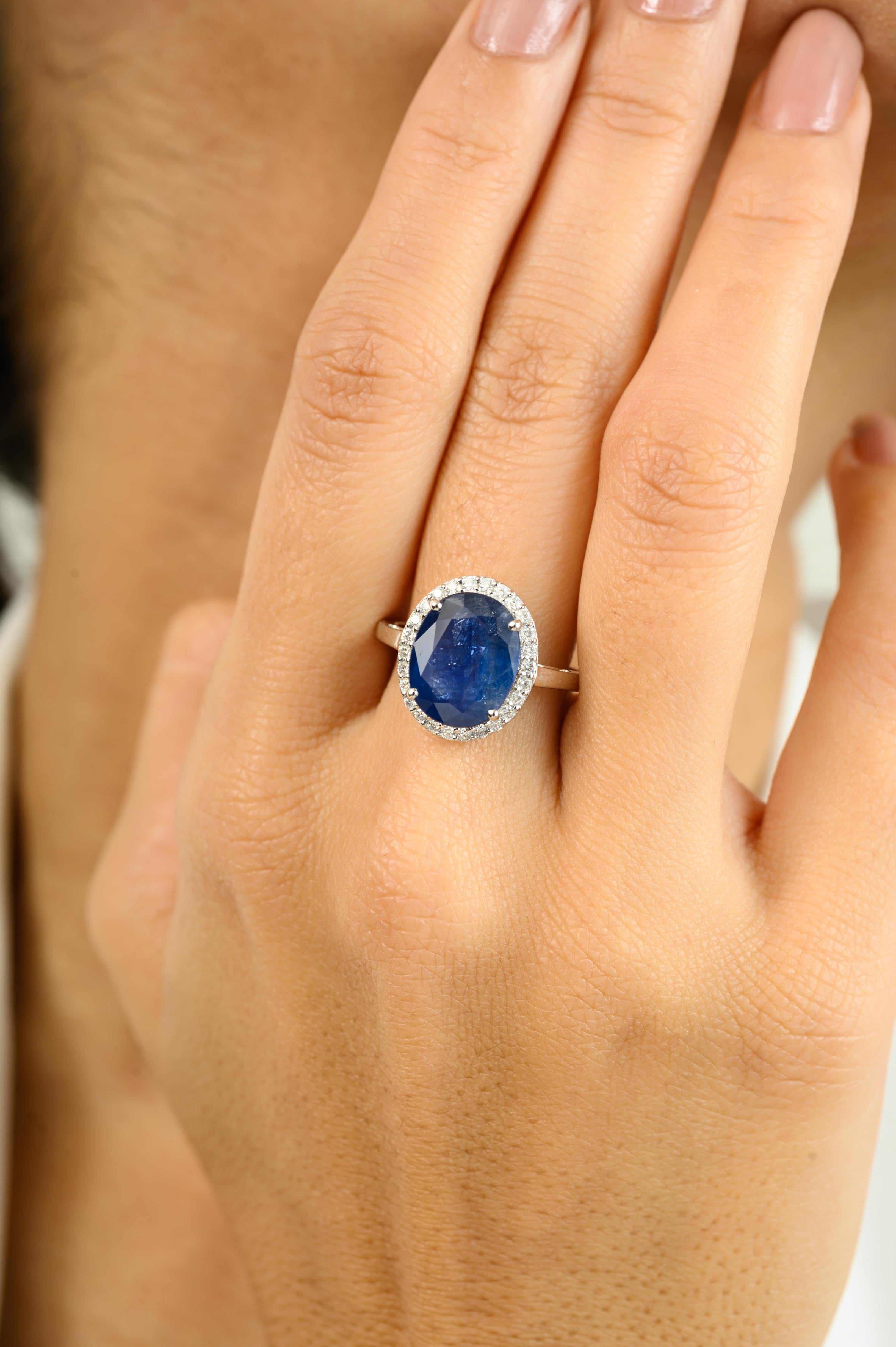 For Sale:  Natural 5.47 Carat Oval Blue Sapphire & Diamond Ring in 14k Solid White Ring 5
