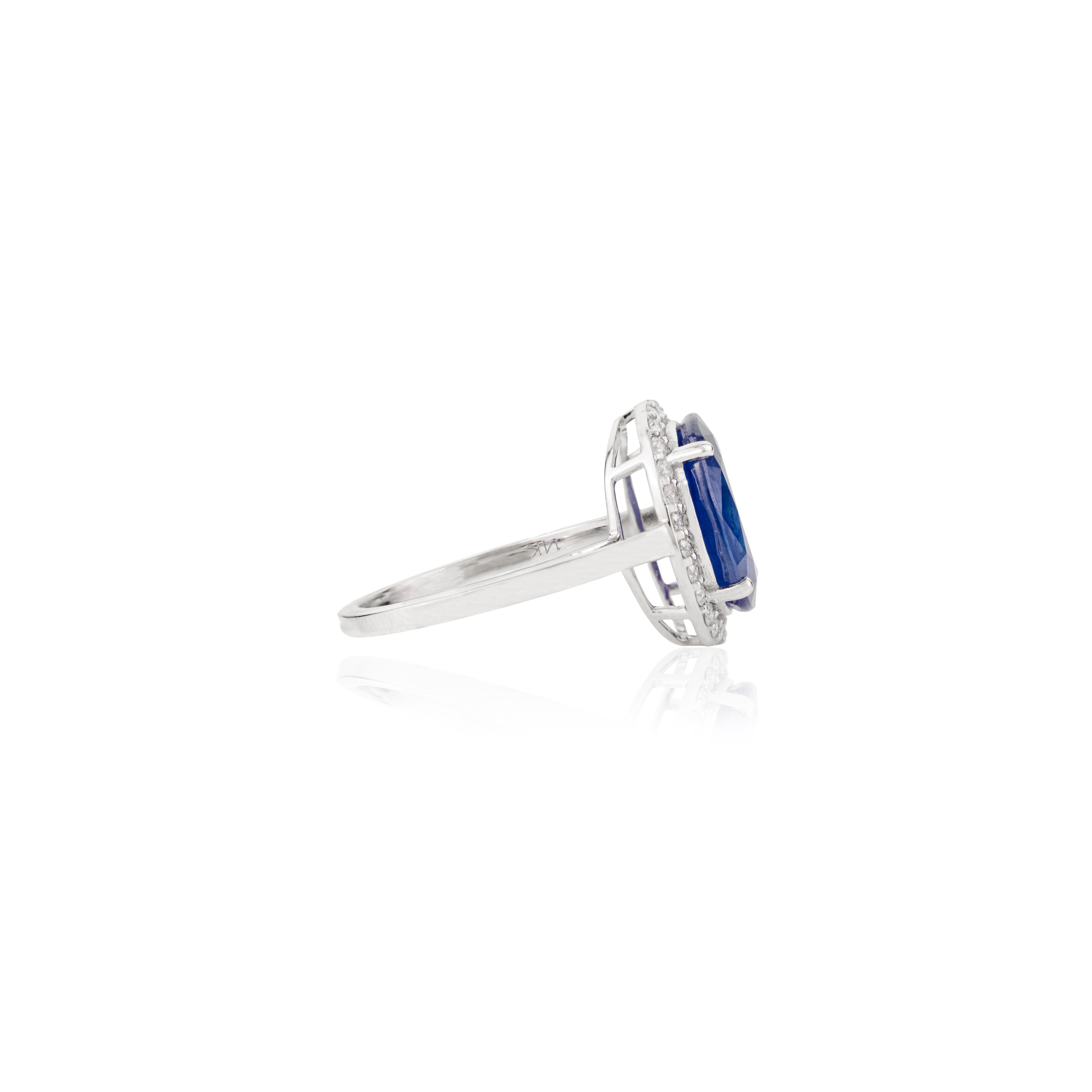 For Sale:  Natural 5.47 Carat Oval Blue Sapphire & Diamond Ring in 14k Solid White Ring 6