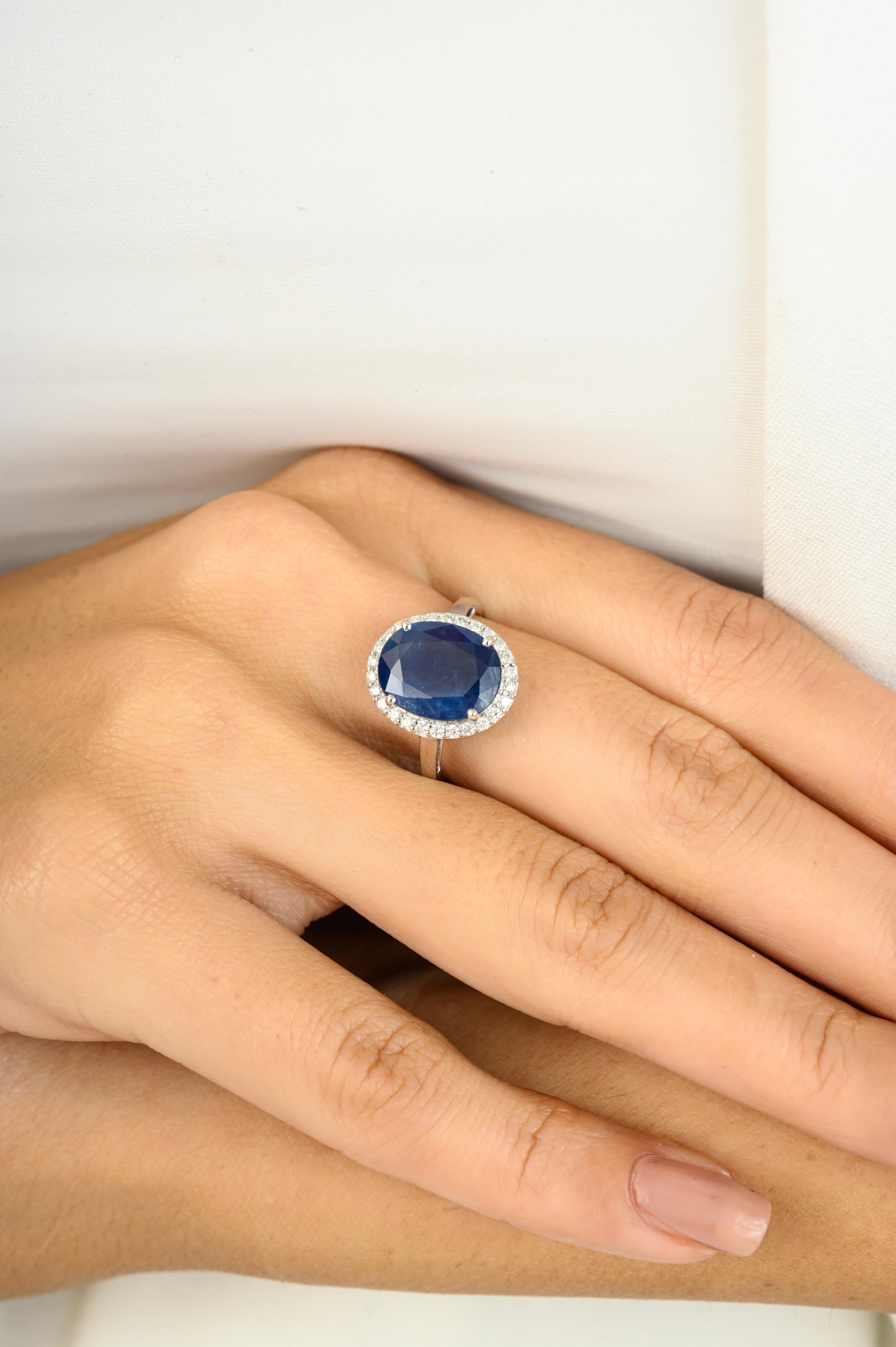 For Sale:  Natural 5.47 Carat Oval Blue Sapphire & Diamond Ring in 14k Solid White Ring 7