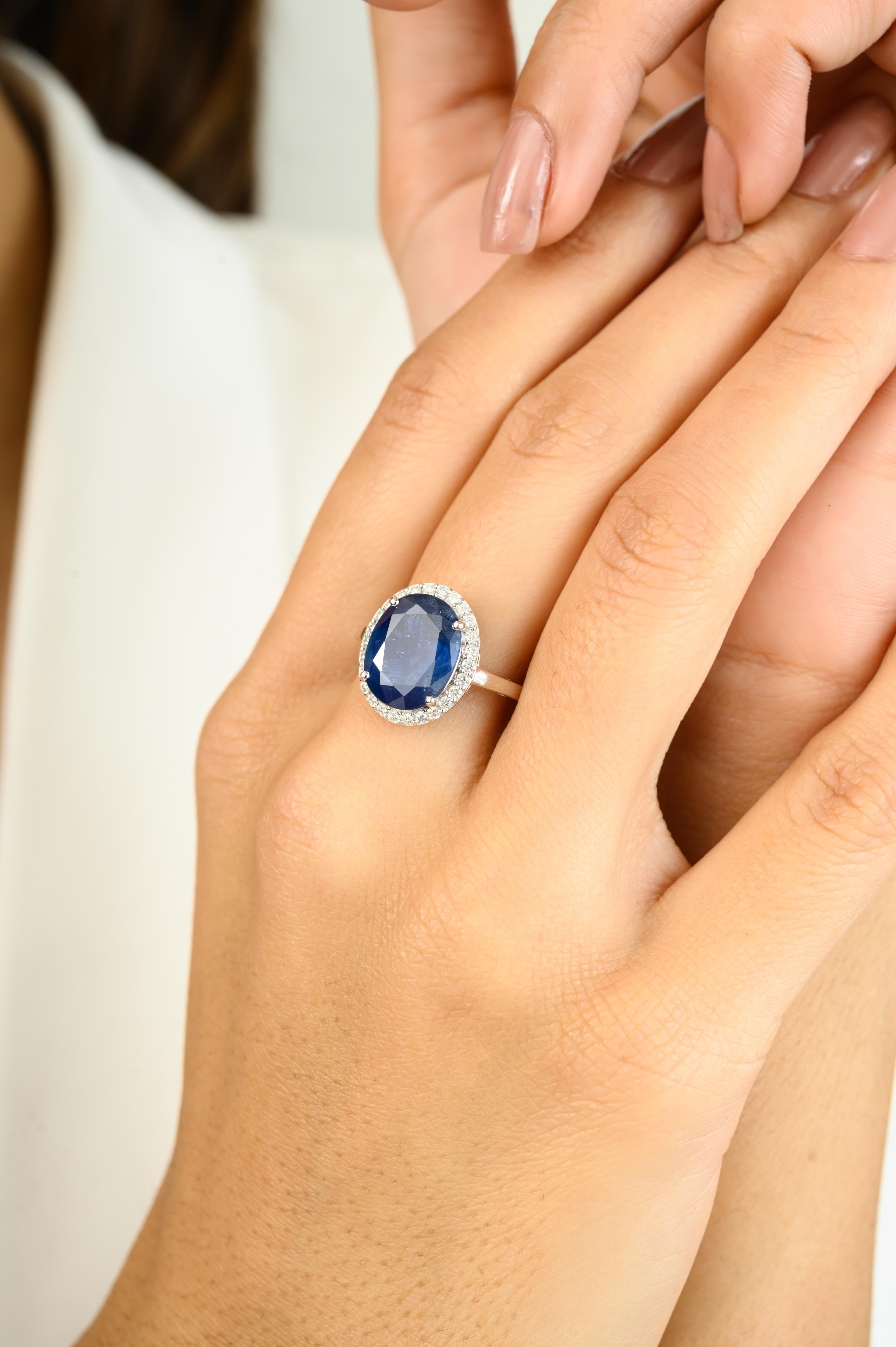 For Sale:  Natural 5.47 Carat Oval Blue Sapphire & Diamond Ring in 14k Solid White Ring 8