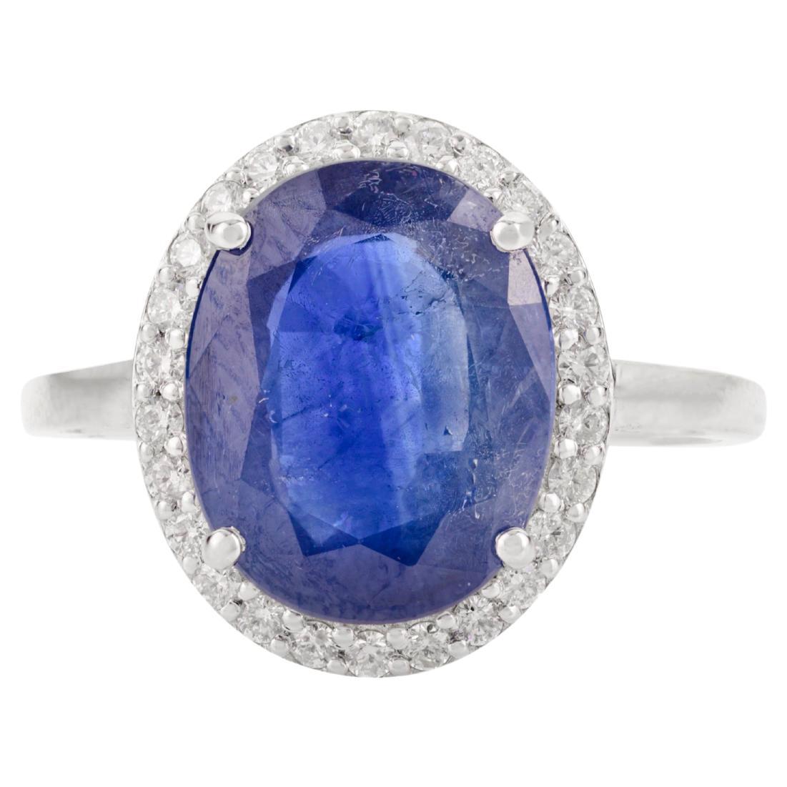For Sale:  Natural 5.47 Carat Oval Blue Sapphire & Diamond Ring in 14k Solid White Ring