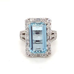 5.48 Carat Emerald Cut Aquamarine Diamond Cocktail Ring