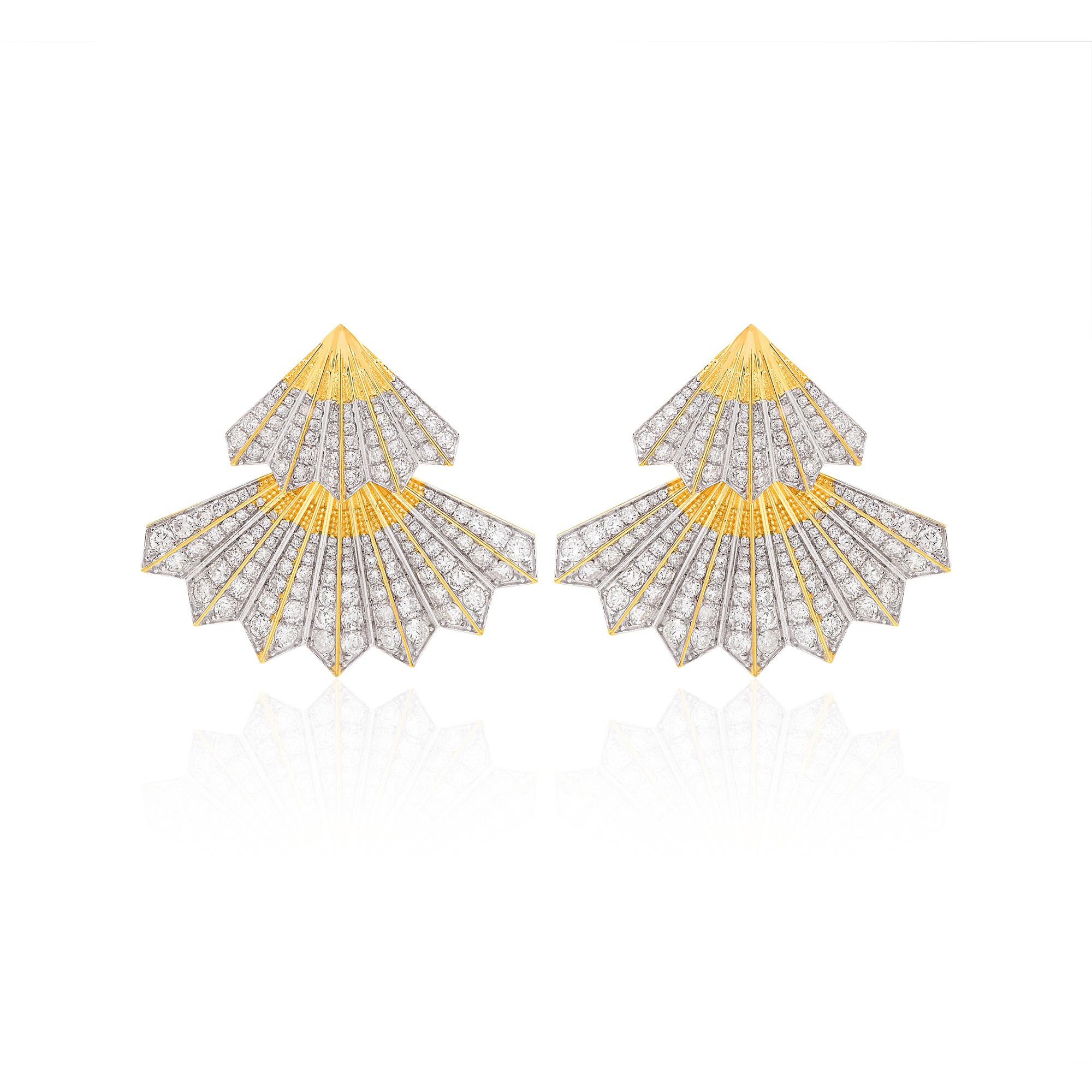 Pendientes de abanico japonés con pavé de diamantes naturales SI/H de 5,50 quilates Oro amarillo de 18k Moderno en venta