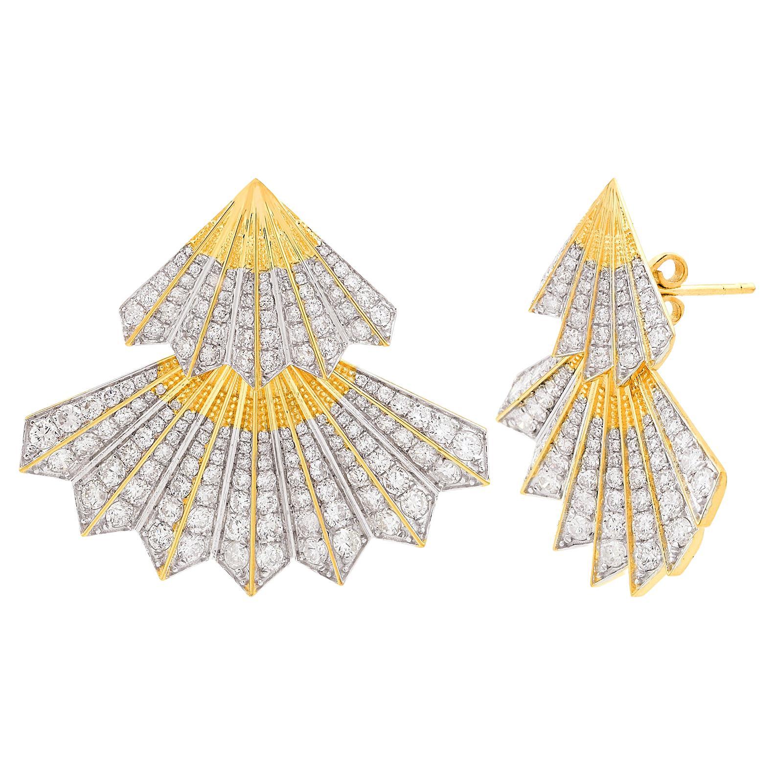 Natural 5.50 Carat SI/H Diamond Pave Japanese Fan Stud Earrings 18k Yellow Gold