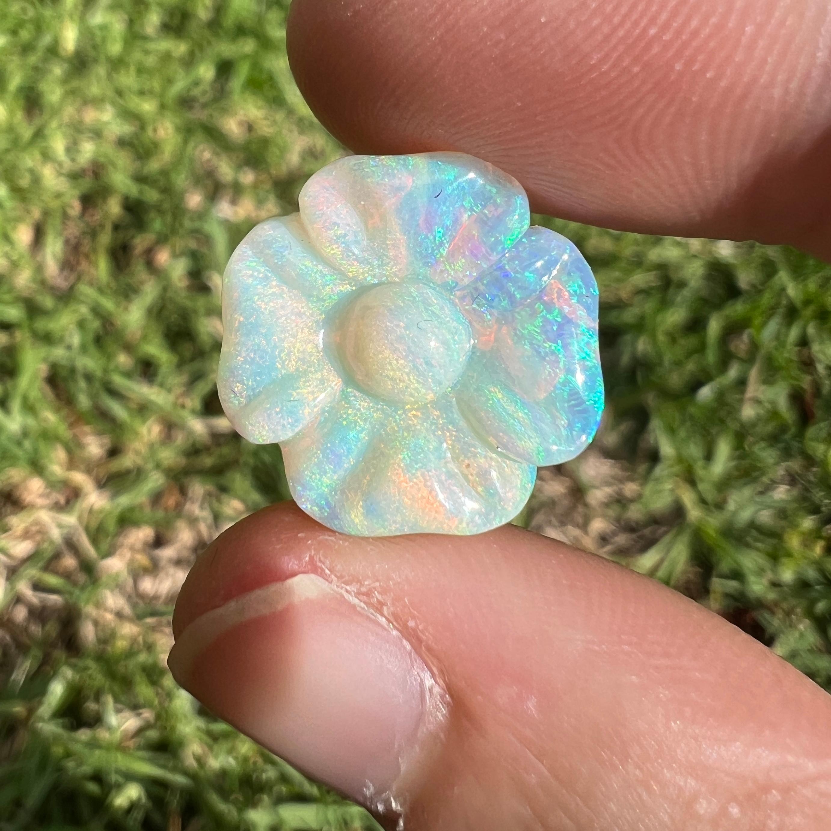 Cabochon Natural 5.59 Ct Carved Fossilised Opal carved Flower mined by Sue Cooper For Sale