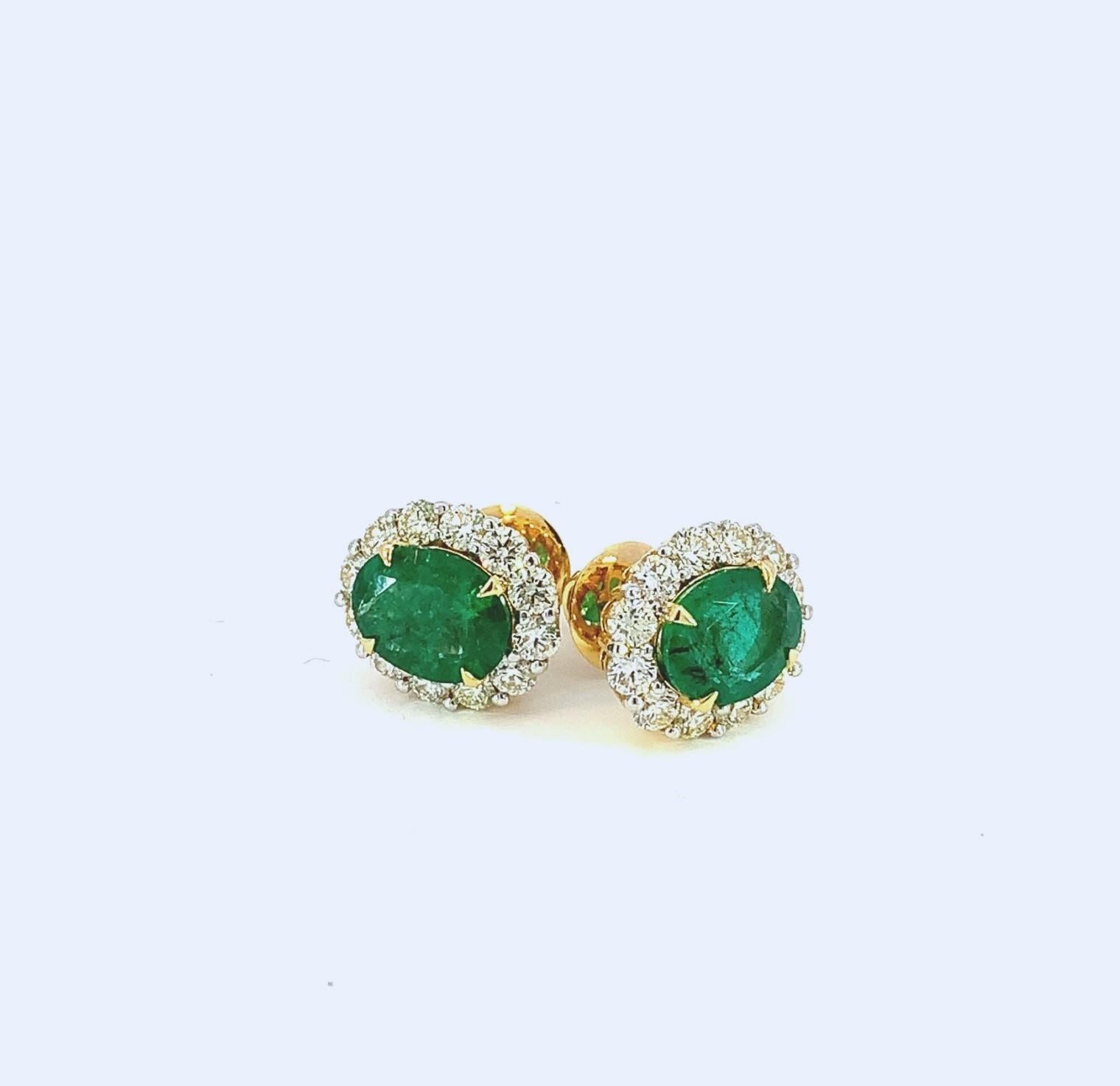 Oval Cut Natural 5.6 Carat Emerald and Diamond Stud Earring For Sale