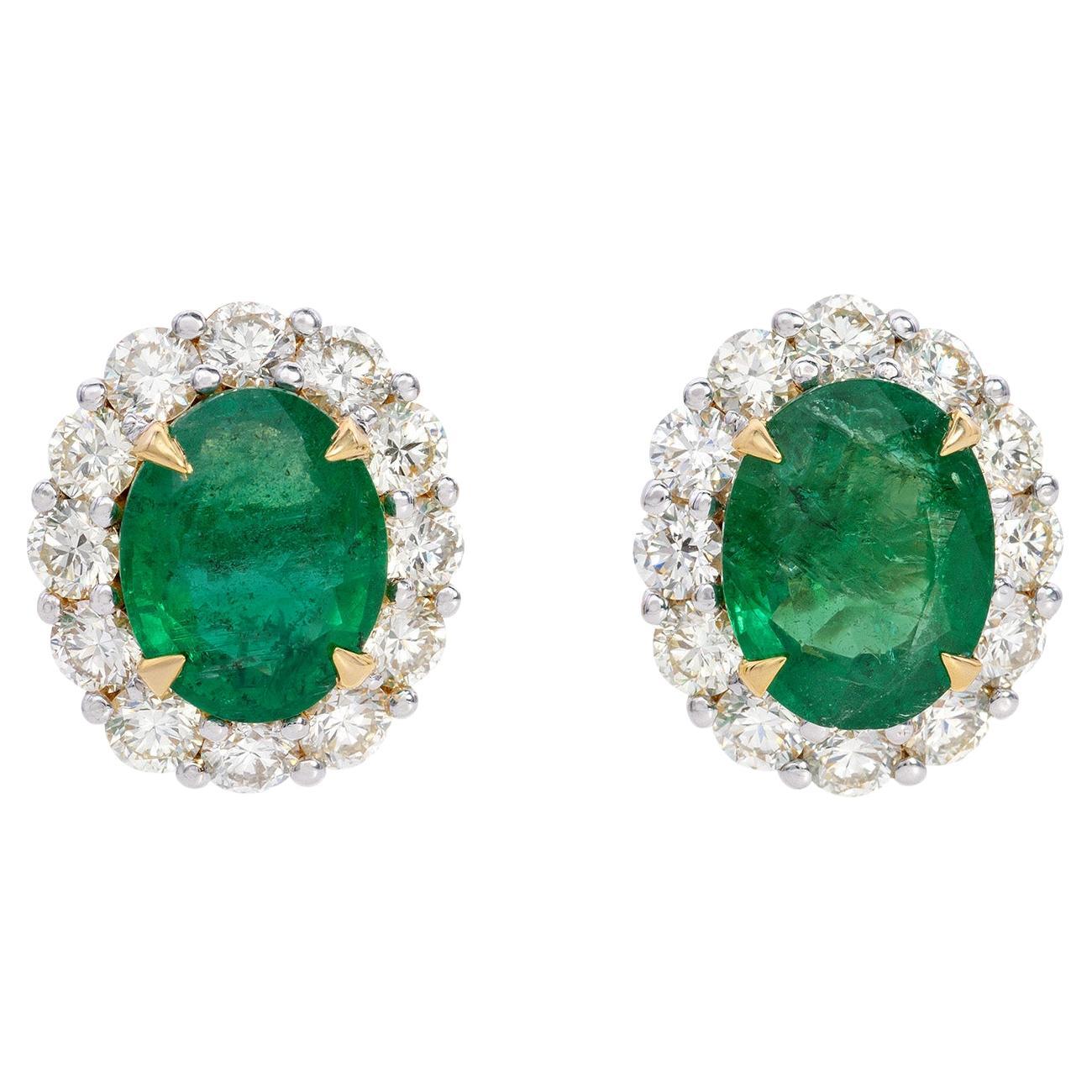 5.6 Carat Natural Emerald and Diamond Stud Earring For Sale
