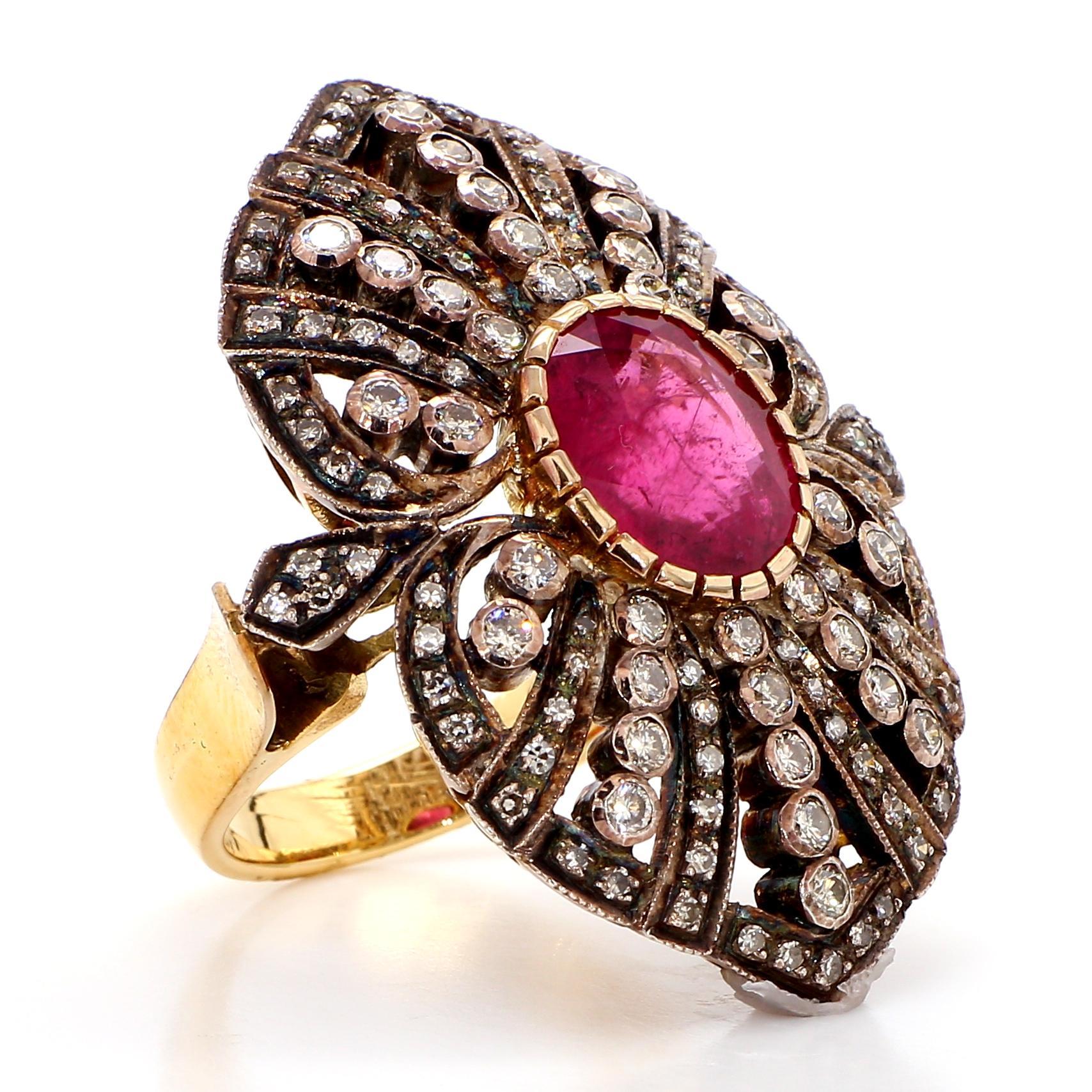 Natural 5.6 Carat Ruby and 1.90 Diamond 18K Gold Cocktail Ring For Sale 4