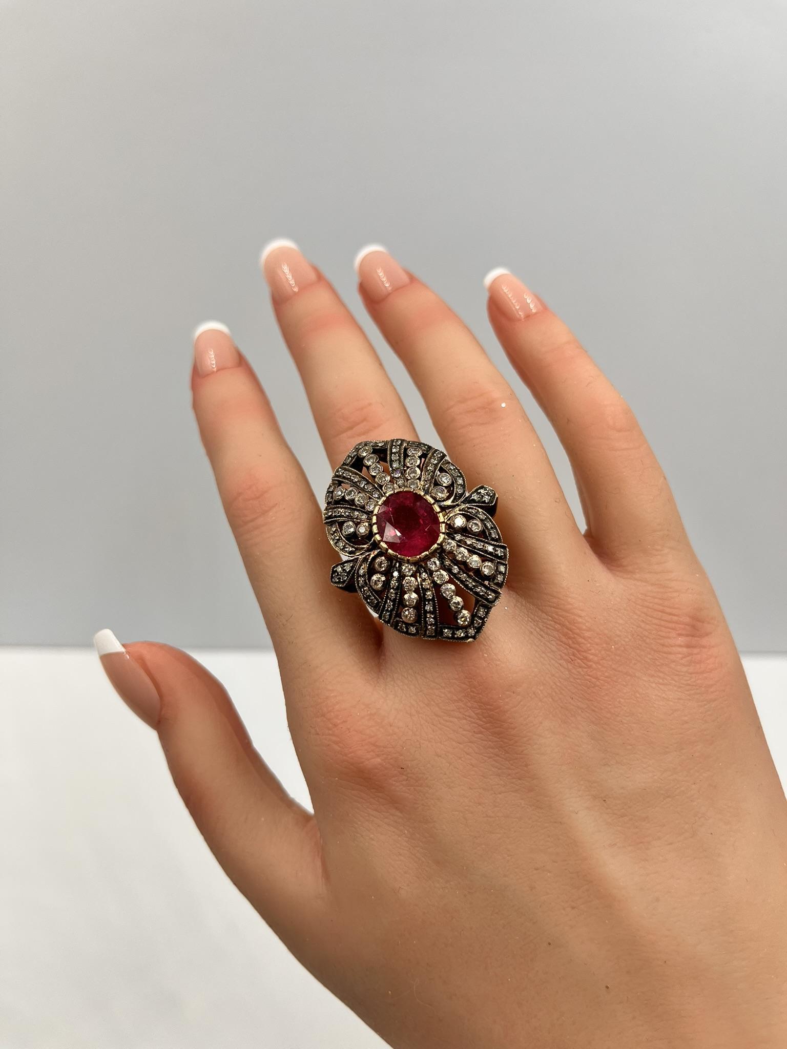 Natural 5.6 Carat Ruby and 1.90 Diamond 18K Gold Cocktail Ring For Sale 6