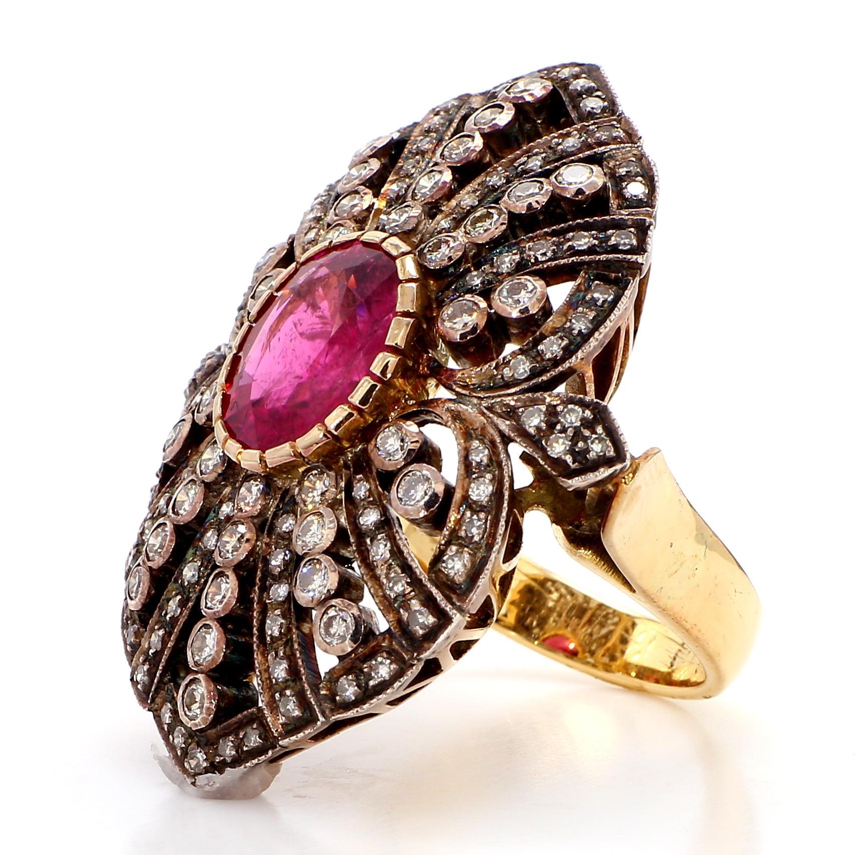 Round Cut Natural 5.6 Carat Ruby and 1.90 Diamond 18K Gold Cocktail Ring For Sale