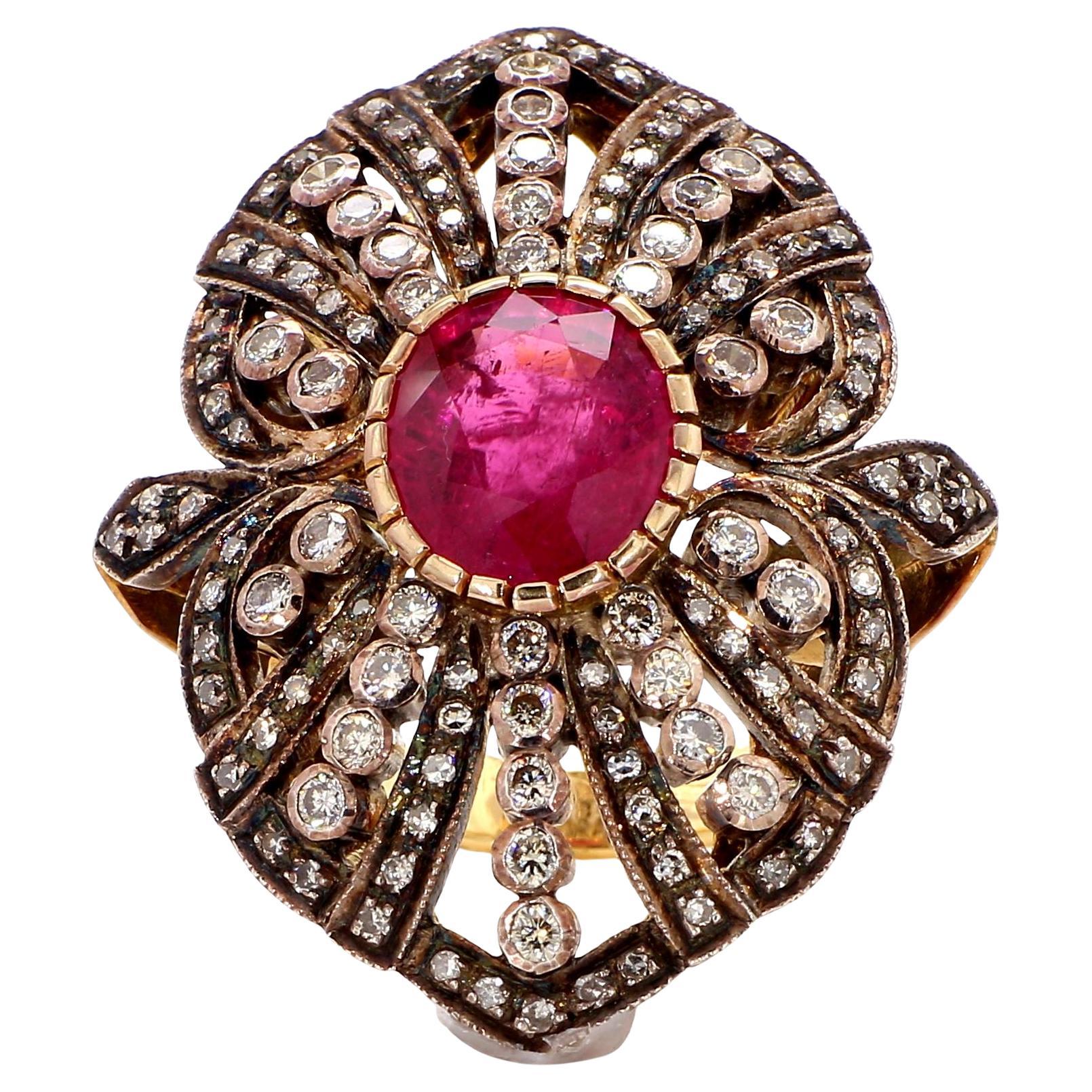 Natural 5.6 Carat Ruby and 1.90 Diamond 18K Gold Cocktail Ring