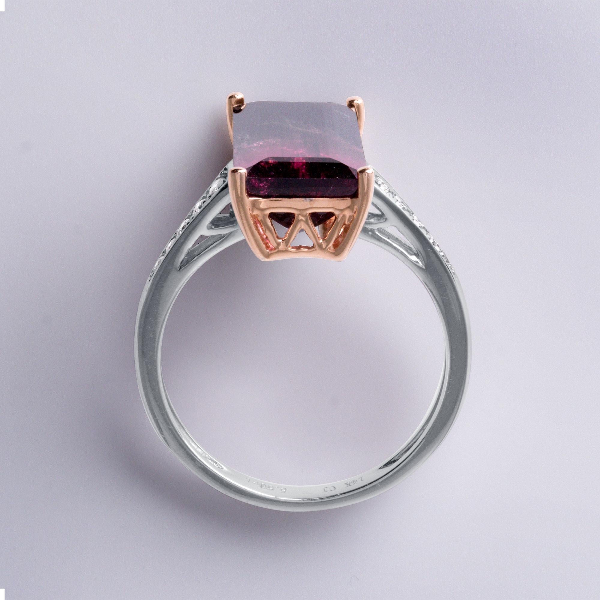 Emerald Cut Natural 5.60 Carat Watermelon Tourmaline & Diamond Ring in 14K Rose Gold For Sale
