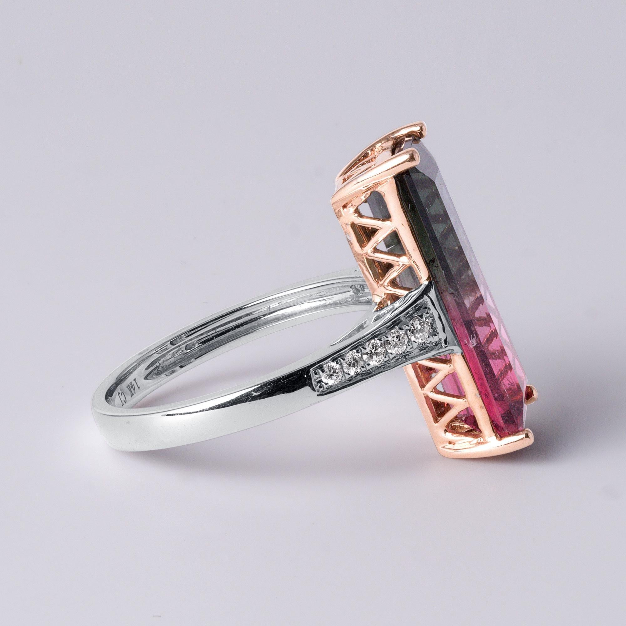 Natural 5.60 Carat Watermelon Tourmaline & Diamond Ring in 14K Rose Gold For Sale 1