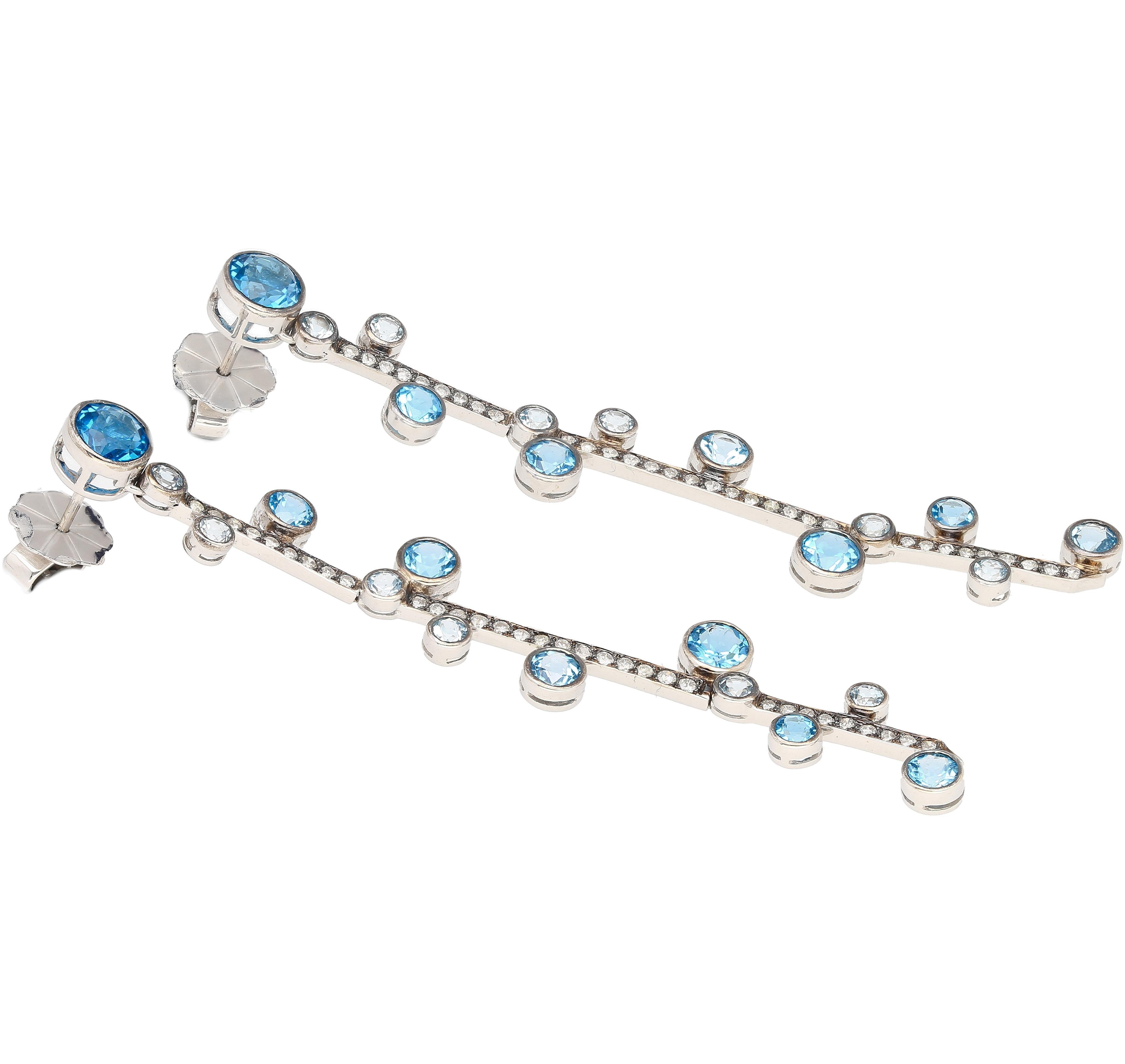 Round Cut Natural 5.65 CTTW Blue Topaz & Diamond Dangle Drop Earrings in 18K White Gold For Sale