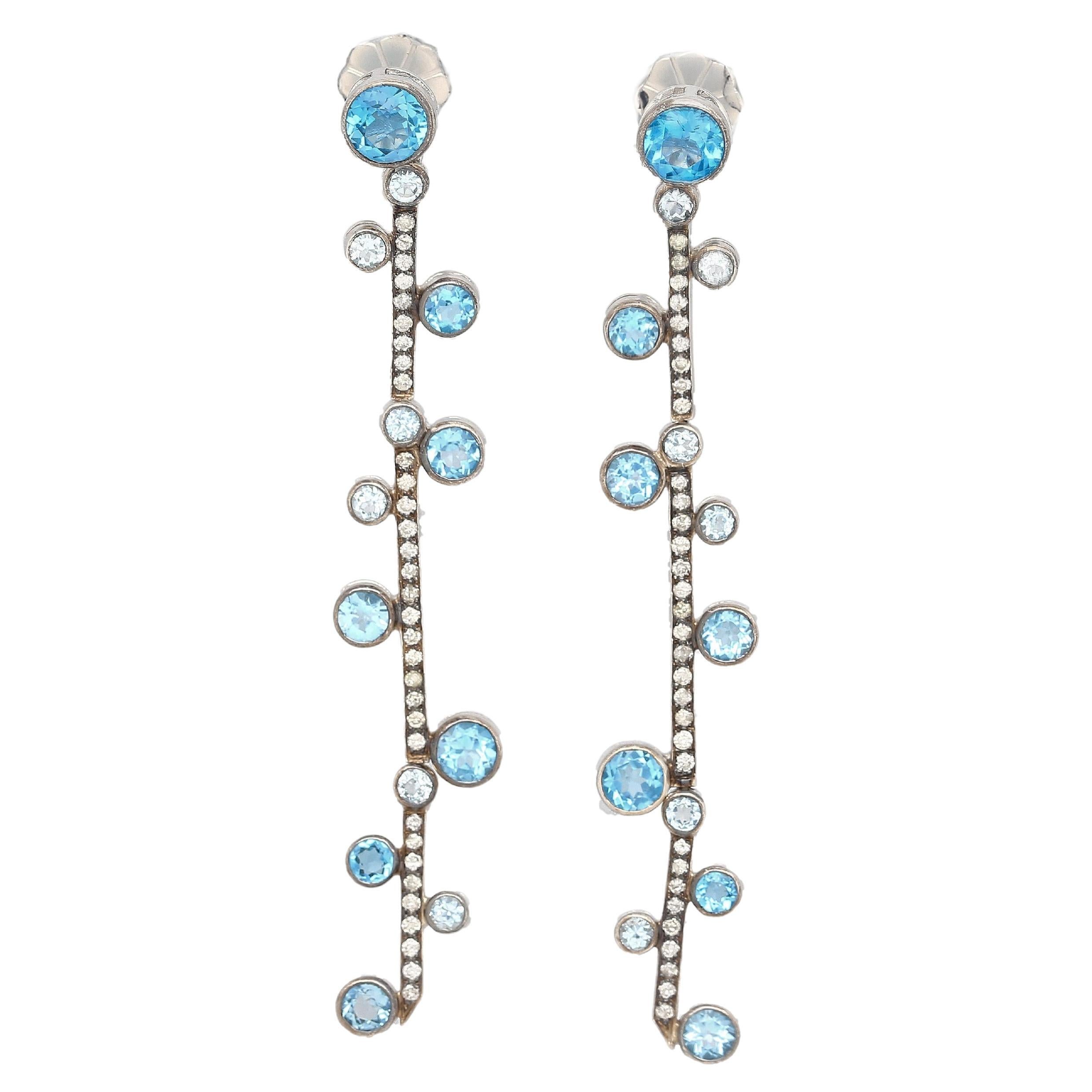 Natural 5.65 CTTW Blue Topaz & Diamond Dangle Drop Earrings in 18K White Gold
