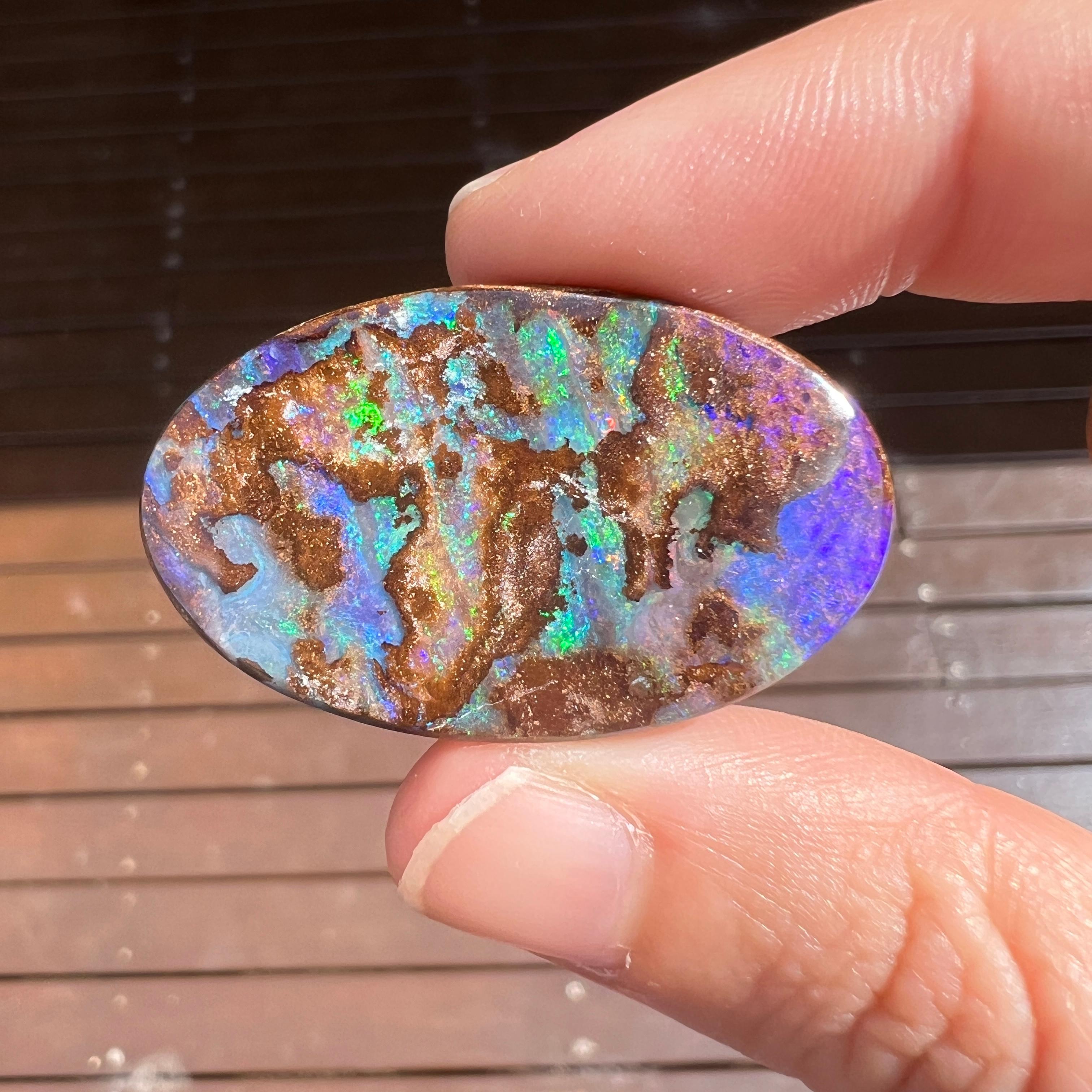 Cabochon Natural 56.64 Ct Australian matrix boulder opal mined by Sue Cooper For Sale