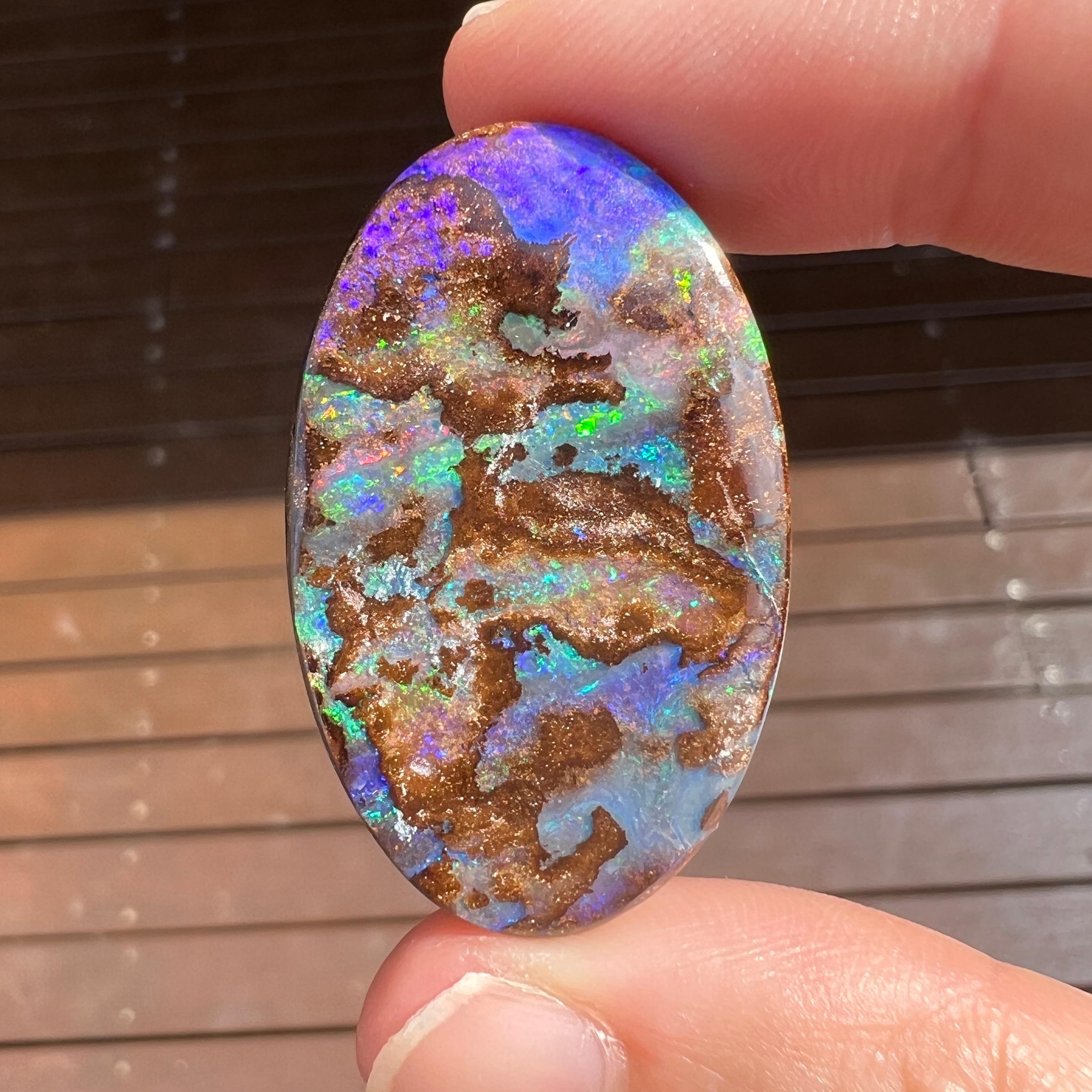 Cabochon Natural 56.64 Ct Australian matrix boulder opal mined by Sue Cooper For Sale