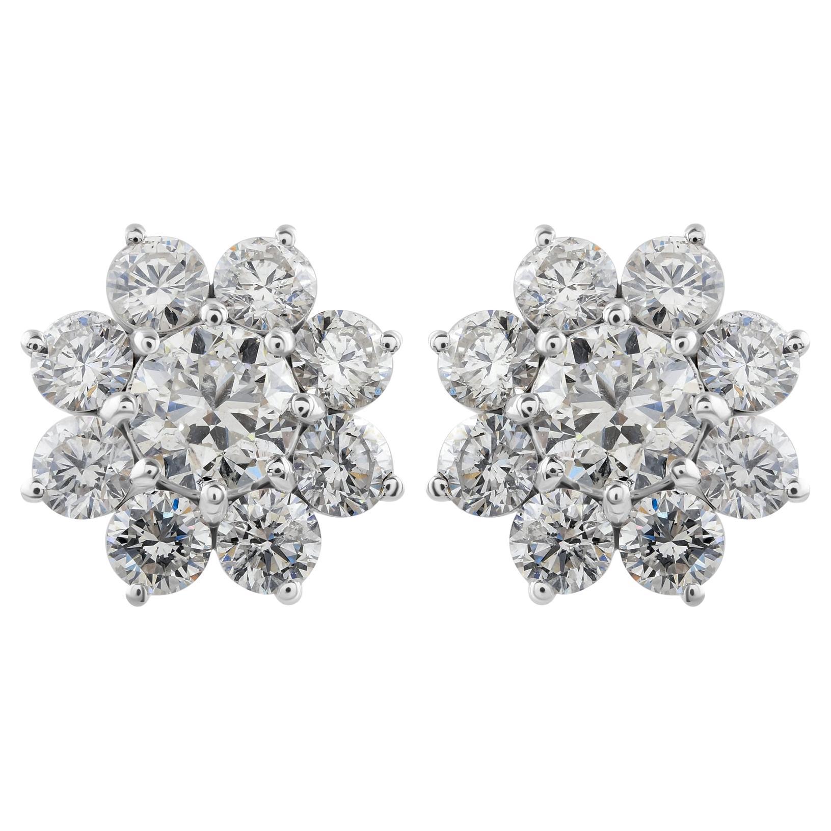 Natural 5.79 Carat SI/H Diamond Flower Stud Earrings 18 Karat White Gold Jewelry