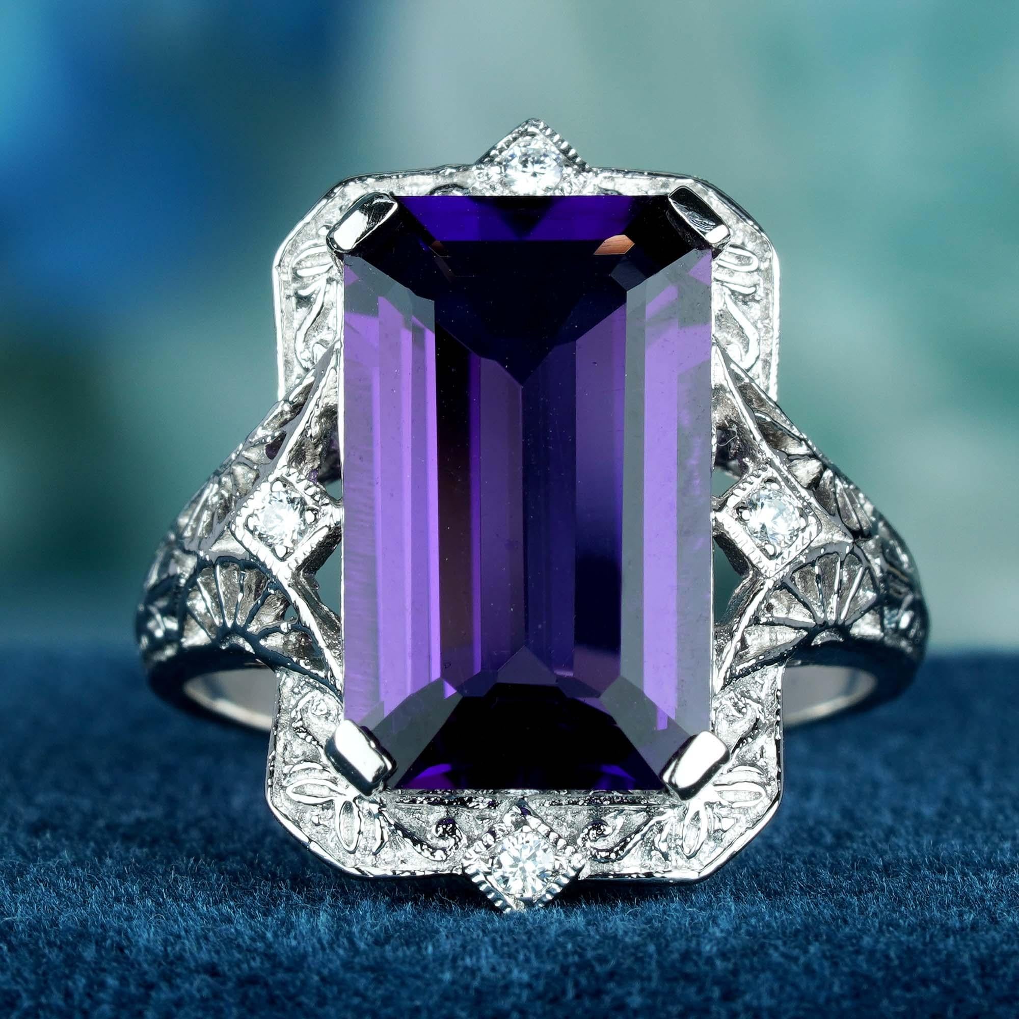 Edwardian Natural 5.8 Ct. Amethyst Diamond Style Filigree Cocktail Ring in Solid 9K Gold For Sale