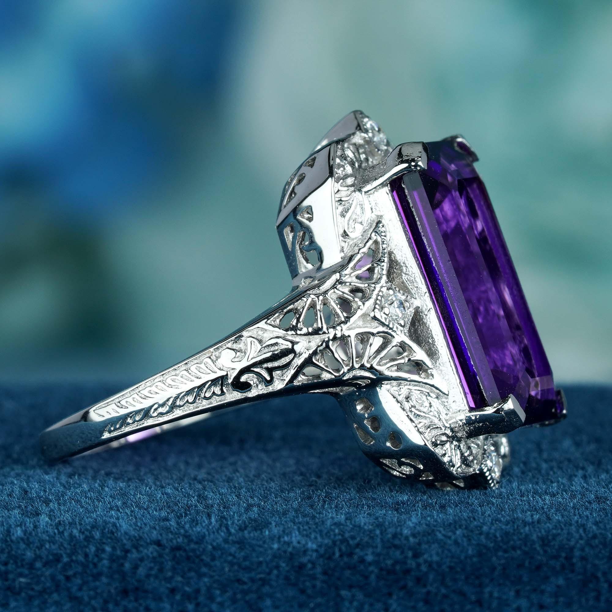 Emerald Cut Natural 5.8 Ct. Amethyst Diamond Style Filigree Cocktail Ring in Solid 9K Gold For Sale