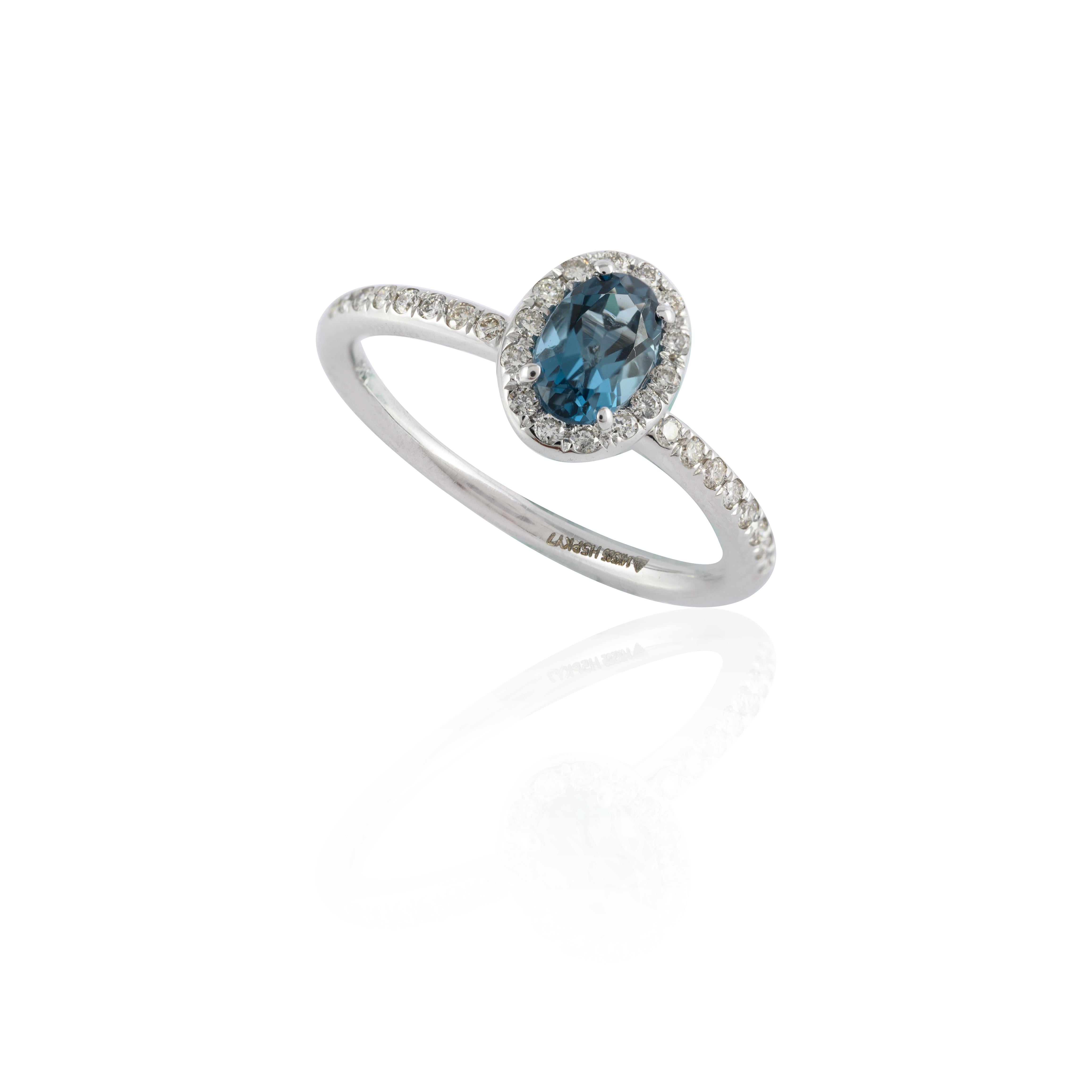 For Sale:  Natural 5.84 ct Blue Topaz and Halo Diamond Classic Ring in 14 Karat White Gold 8