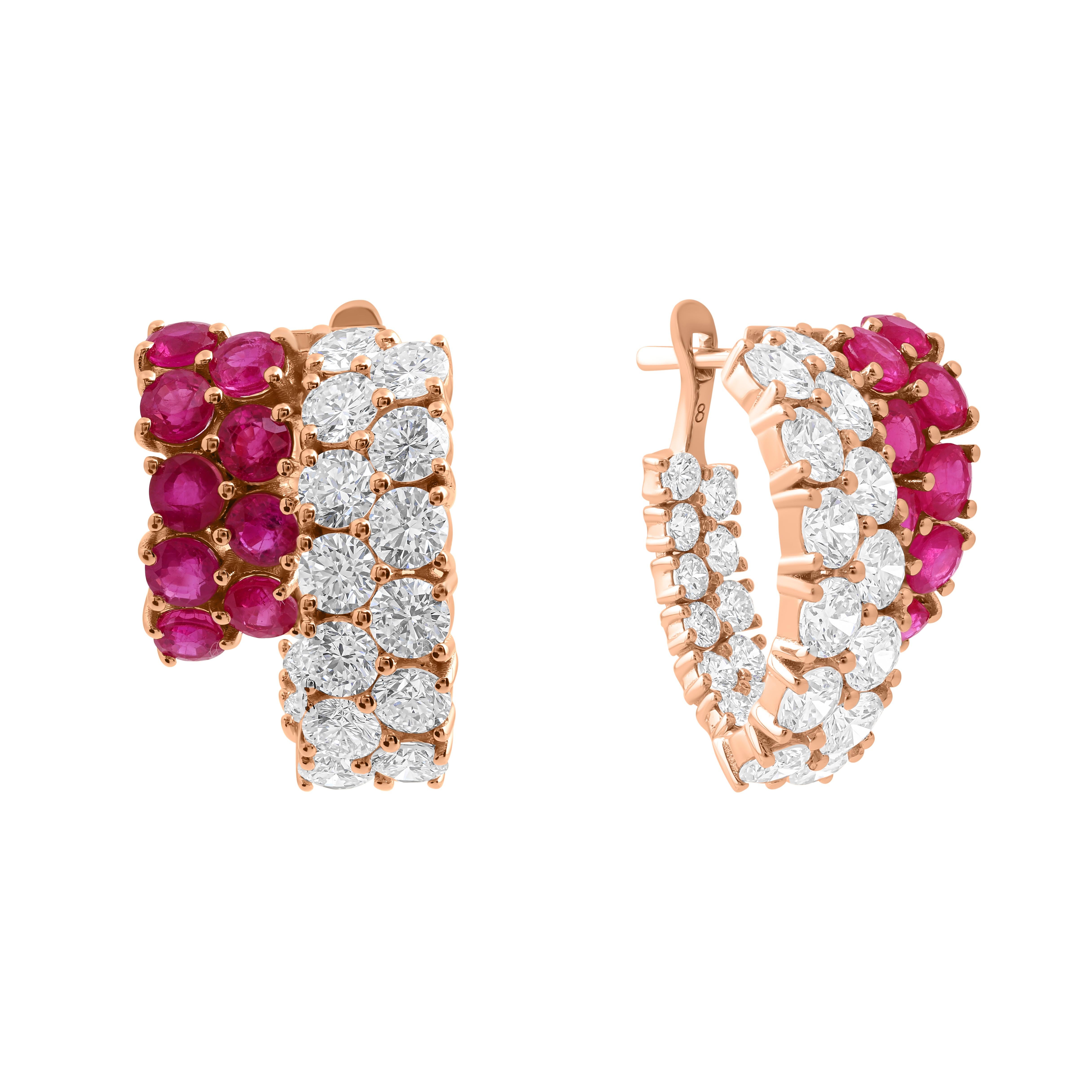 Nature 5.86Ct Diamond 4.81Ct Ruby Huggie Hoop Earrings 18 Karat Rose Gold Neuf - En vente à Diera, Dubai