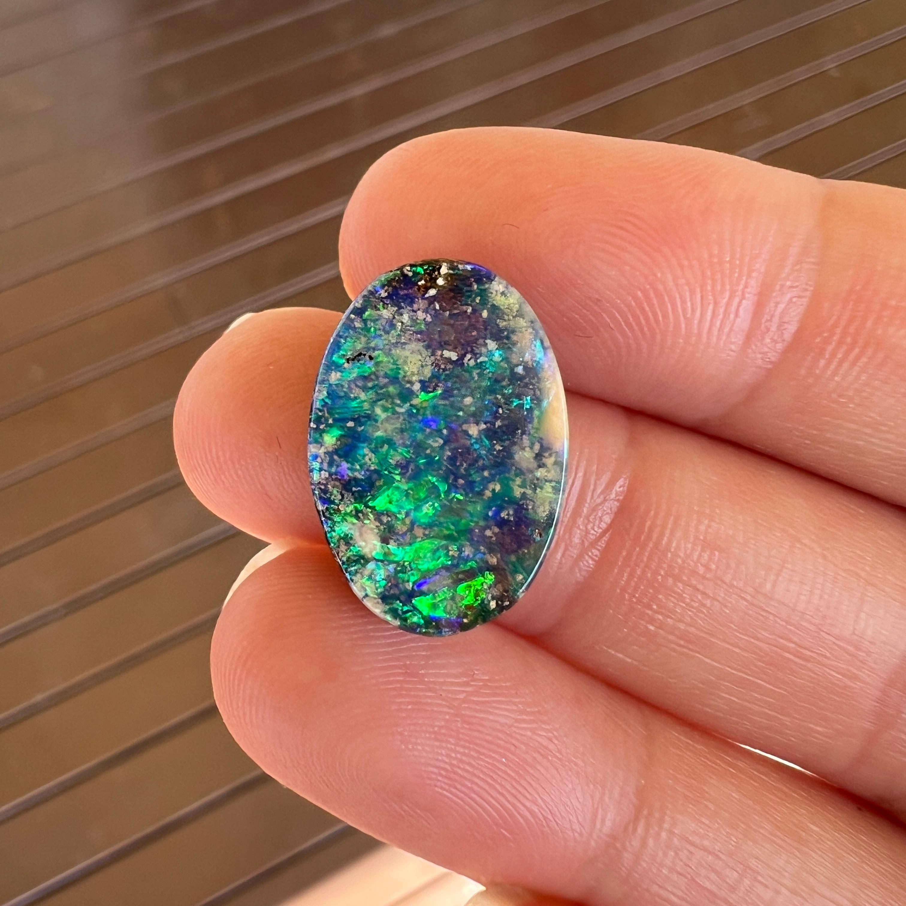 Cabochon Natural 5.89 Ct Australian boulder opal mined by Sue Cooper For Sale