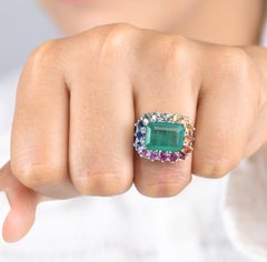 Natural 5.96 cts Zambian emerald & 1.46 cts rainbow sapphire ring in 18k gold