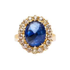 Natural 6 Carat Cabochon Sapphire Diamond Gold Ring