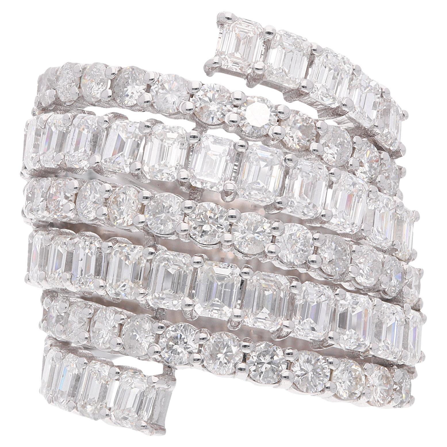 Nature 6.05 Ct SI/H Round Emerald Cut Diamond Wrap Ring 18 K K White Gold