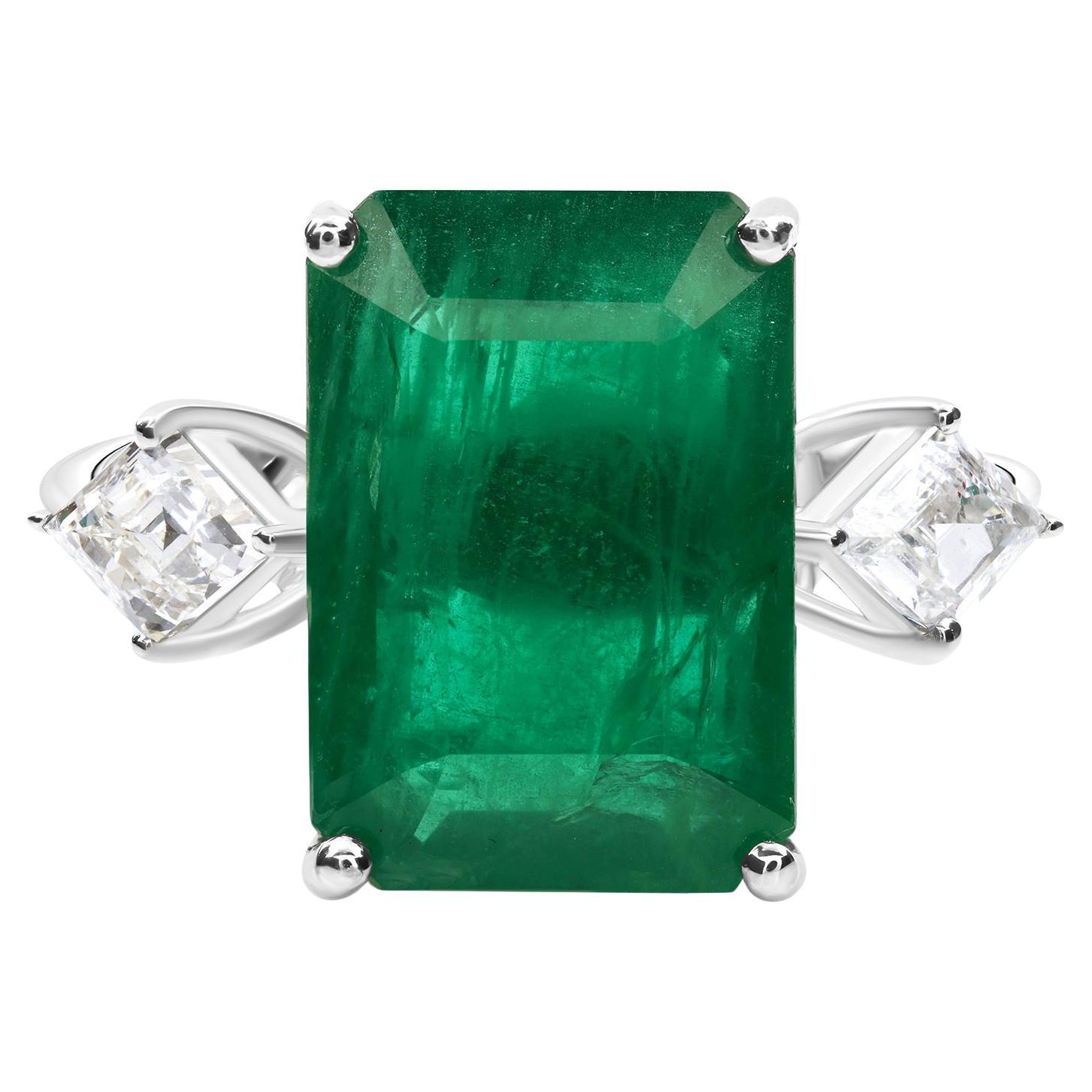 For Sale:  Natural 6.05ct Emerald 0.59ct Diamond Three Stone Ring 14K White Gold