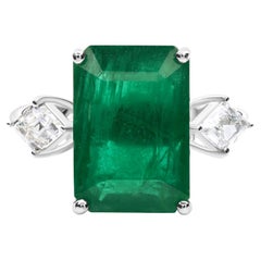 Natural 6.05ct Emerald 0.59ct Diamond Three Stone Ring 18K White Gold