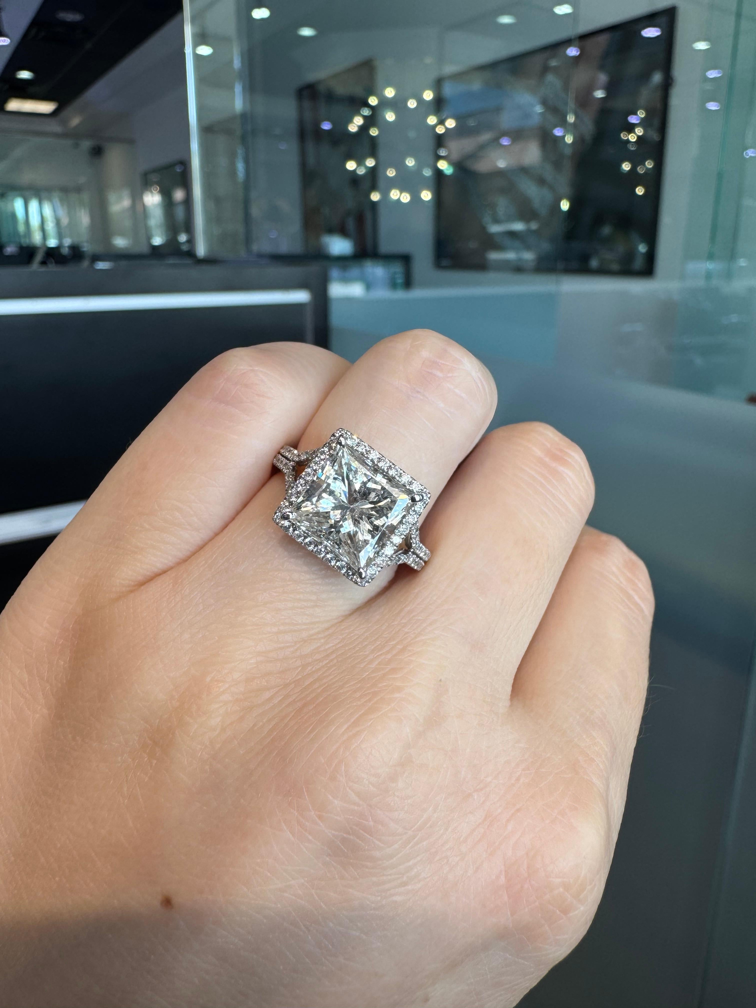 Natural 6.09 Carat Princess Cut Diamond Halo 18-Karat Engagement Ring In Stock For Sale 2