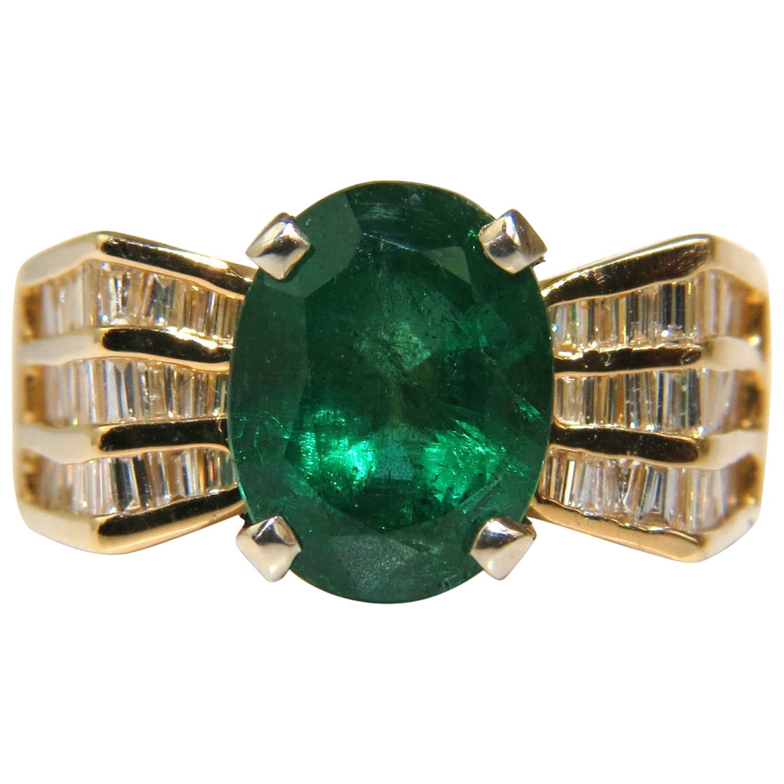 Nature 6.10 Carat Natural Emerald Diamond Ring Mod Deco Three-Row Baguettes A+ en vente