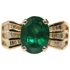 Natürlicher 6,10 Karat natürlicher Smaragd-Diamant-Ring Mod Deco Dreireihige Baguettes A+