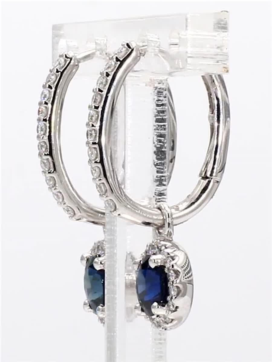 Contemporary Natural Blue Round Sapphire and White Diamond 1.59 Carat TW Gold Drop Earrings