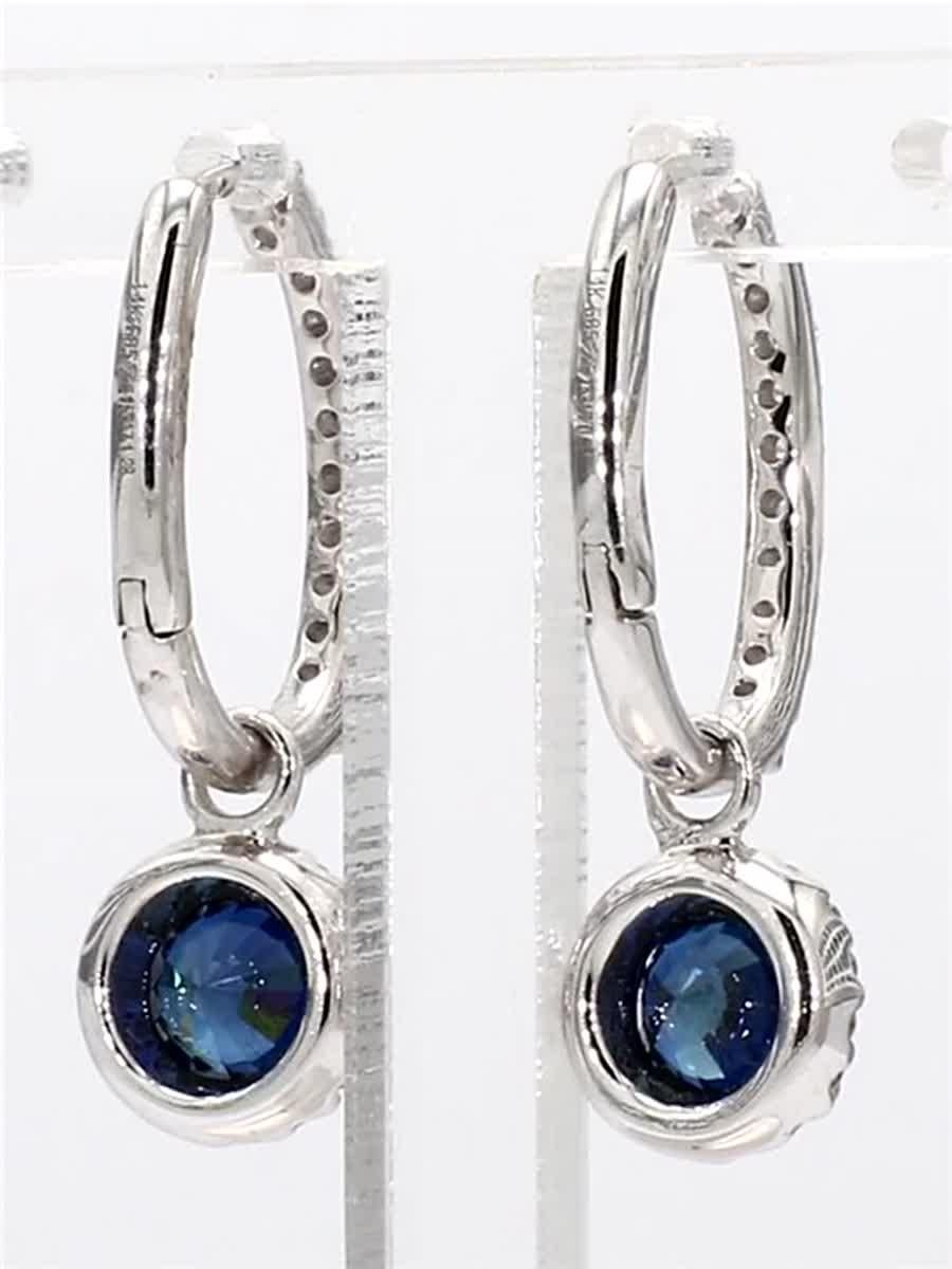 Natural Blue Round Sapphire and White Diamond 1.59 Carat TW Gold Drop Earrings In New Condition In New York, NY