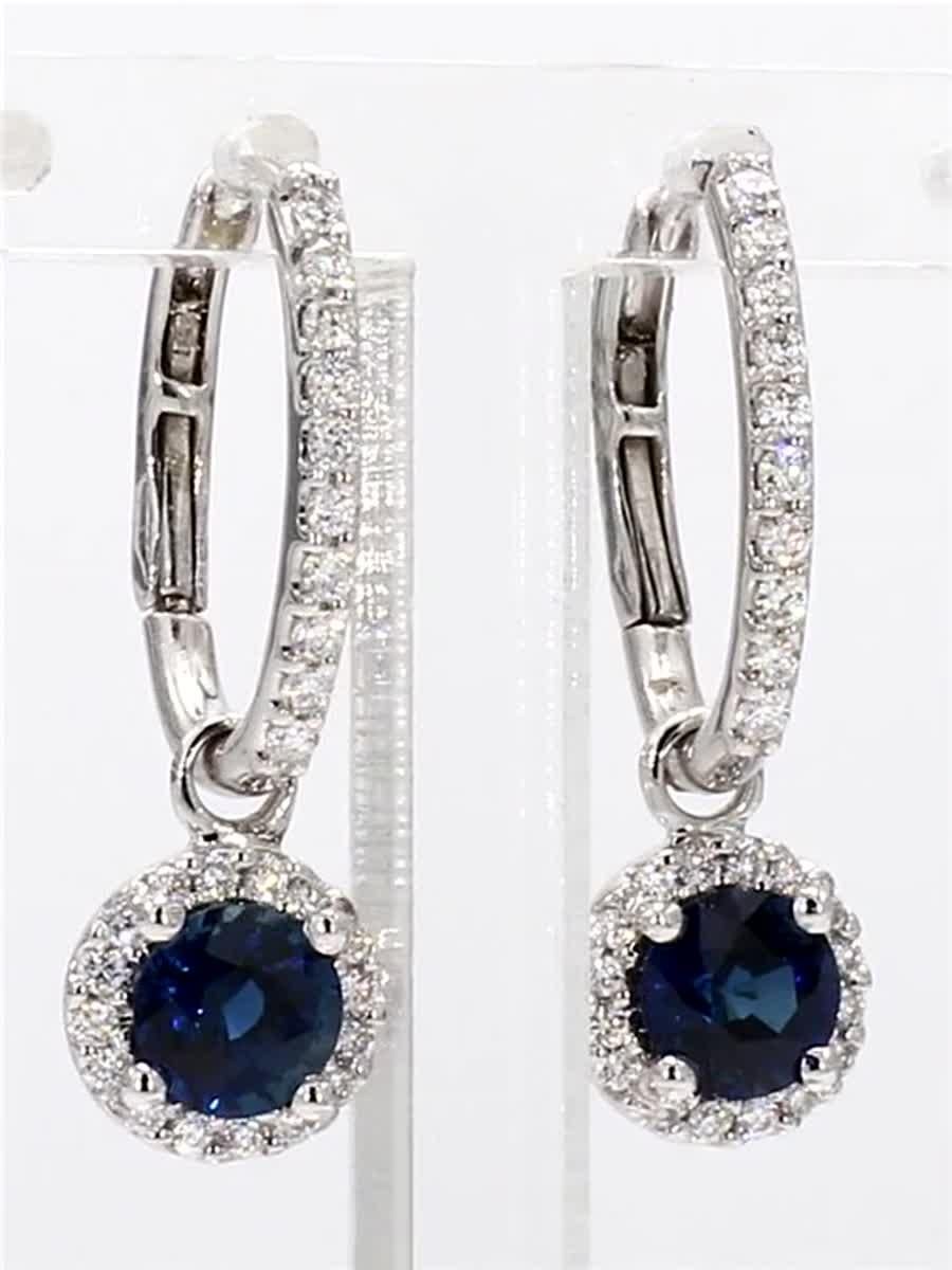 Natural Blue Round Sapphire and White Diamond 1.59 Carat TW Gold Drop Earrings 1