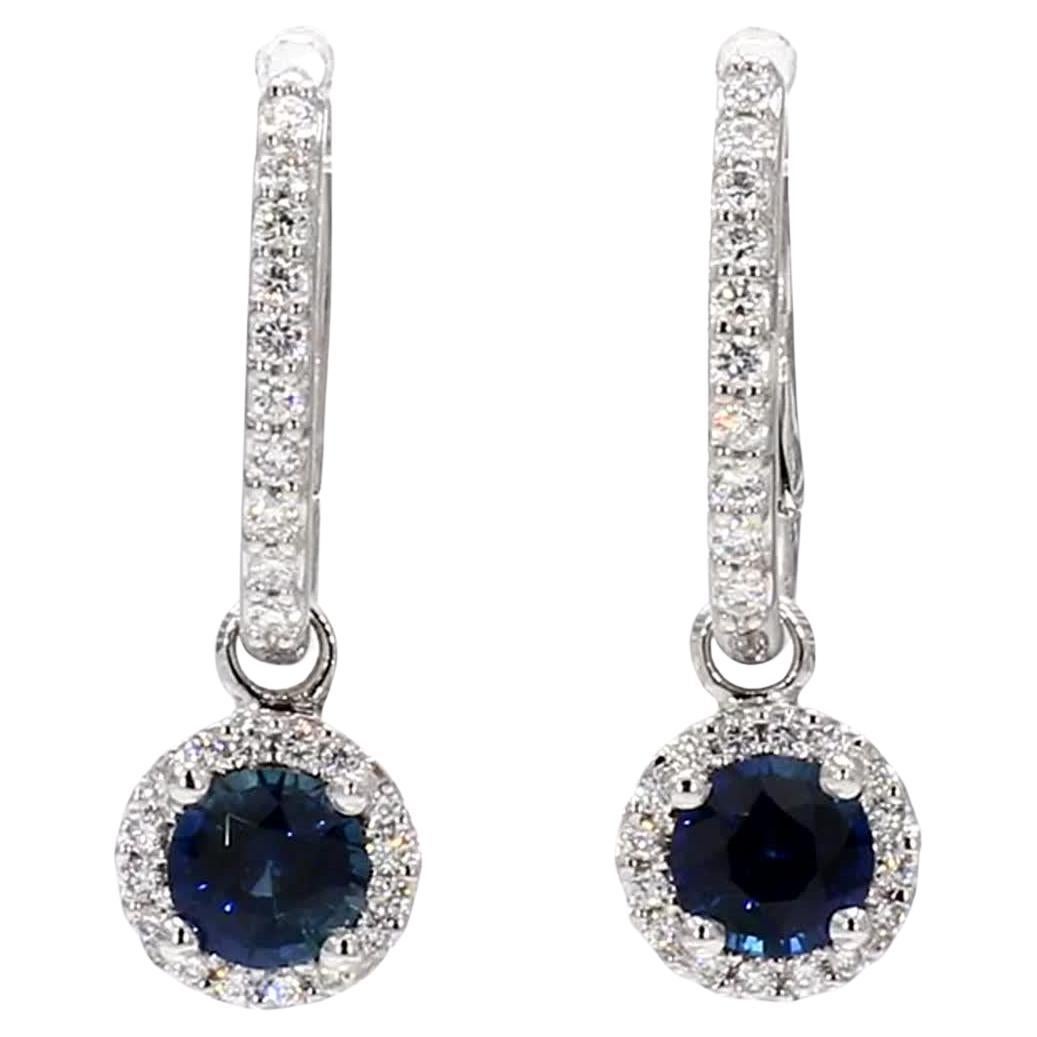 Natural Blue Round Sapphire and White Diamond 1.59 Carat TW Gold Drop Earrings