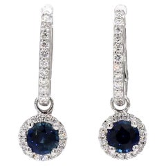 Natural Blue Round Sapphire and White Diamond 1.59 Carat TW Gold Drop Earrings