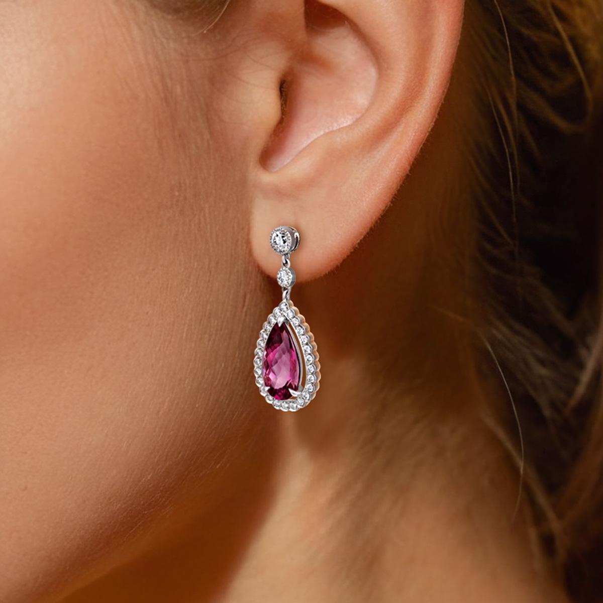 Natural 6.42 Carats Pink Tourmaline set in Platinum & 18 KYG Earrings Diamonds  In New Condition For Sale In Los Angeles, CA